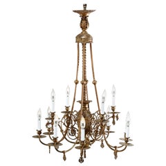 Early Victorian Gas & Electric Brass & Bronze Twelve Light Chandelier, c1870