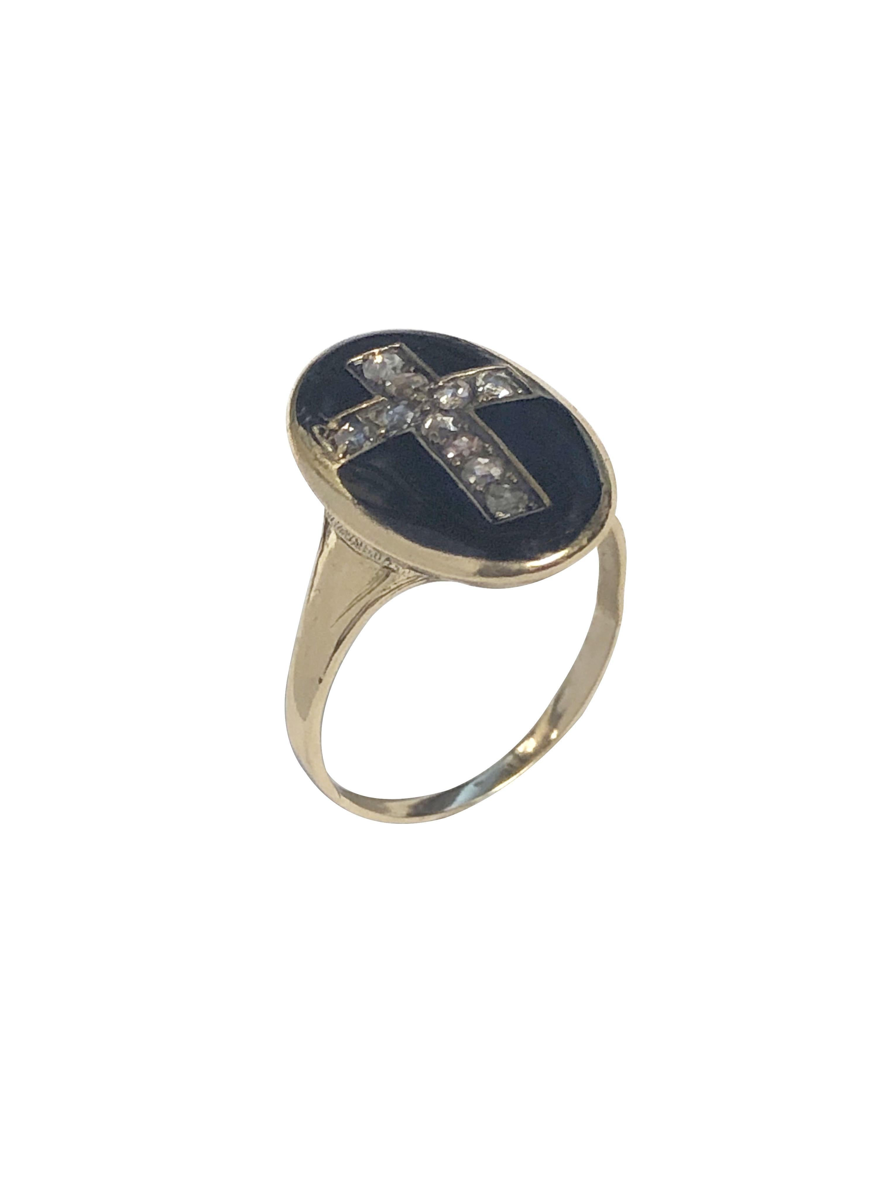 Rose Cut Early Victorian Gold Diamond and Enamel Mourning Memorial Ring