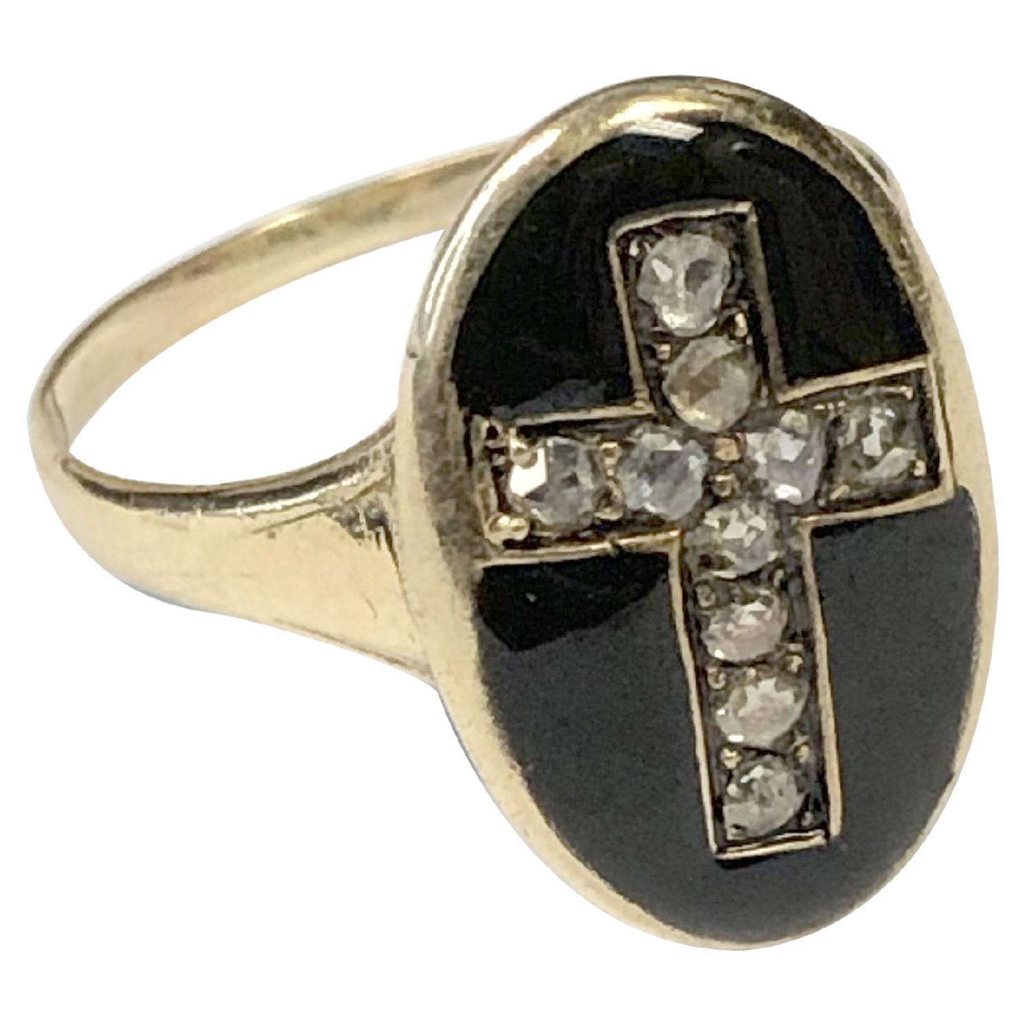 Early Victorian Gold Diamond and Enamel Mourning Memorial Ring