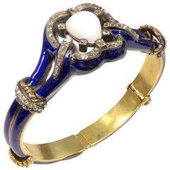 Early Victorian Gold Enamel Diamond and Opal Bangle Bracelet