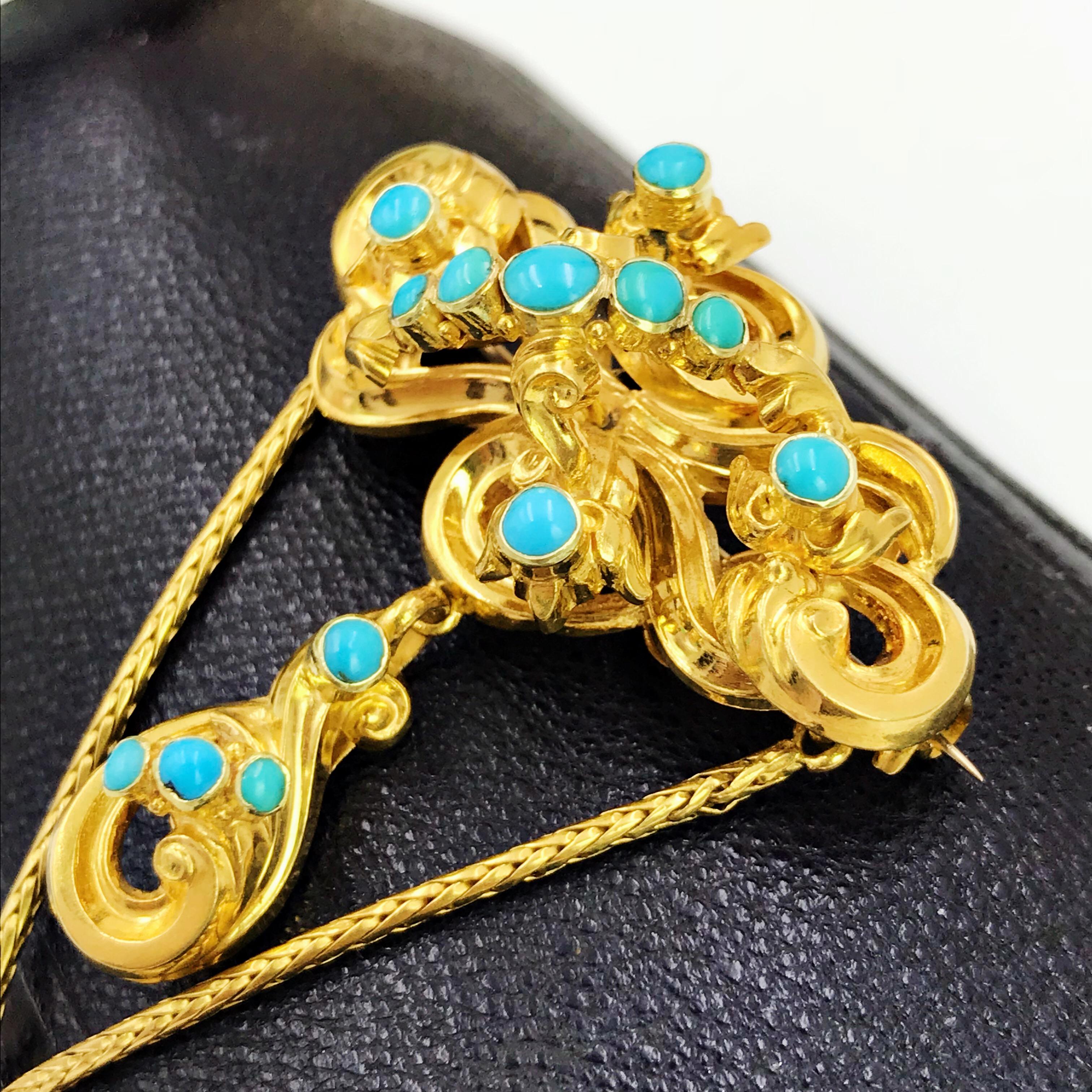 Early Victorian Gold Turquoise Cabochon Sentimental Floral Brooch In Good Condition For Sale In Birmingham, GB