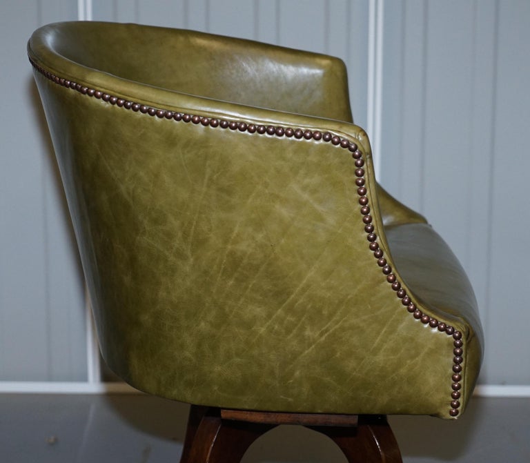Early Victorian Green Leather Original Barrel Back Swivel Captains Office Chair For Sale at 1stDibs
