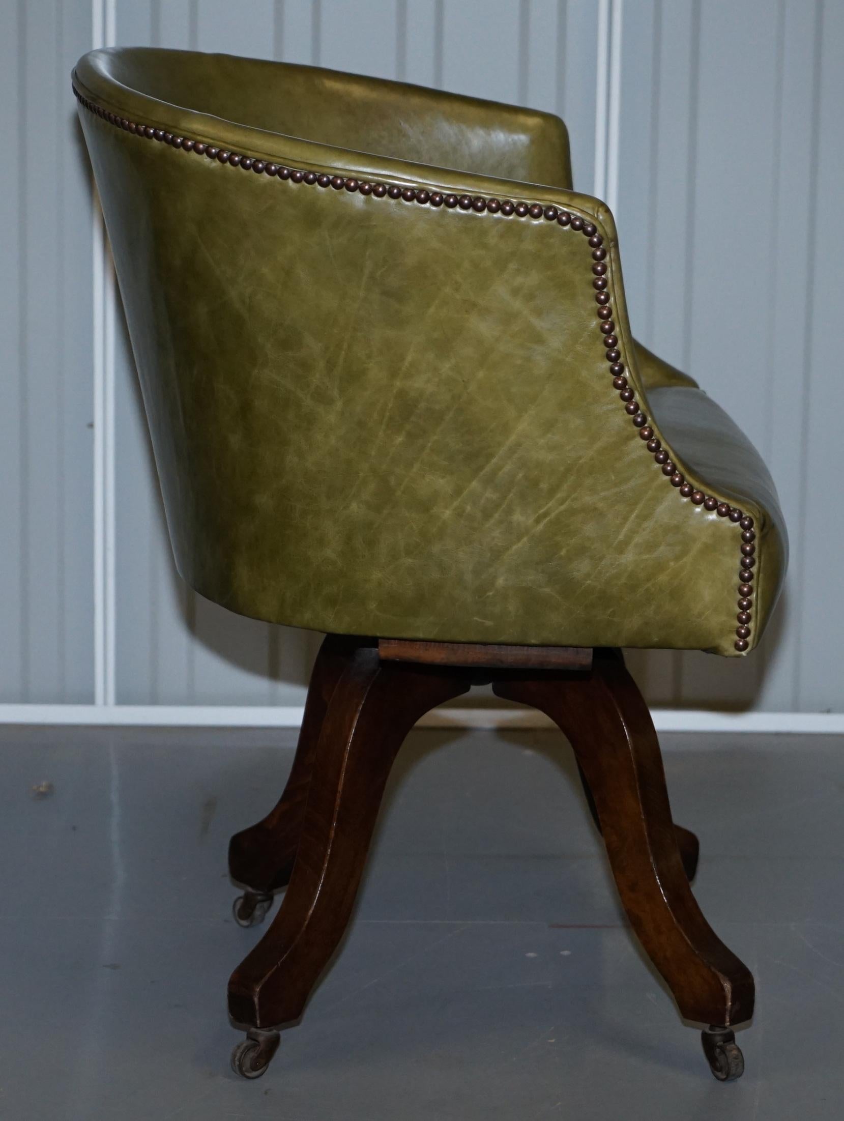 Early Victorian Green Leather Original Barrel Back Swivel Captains Office Chair 1
