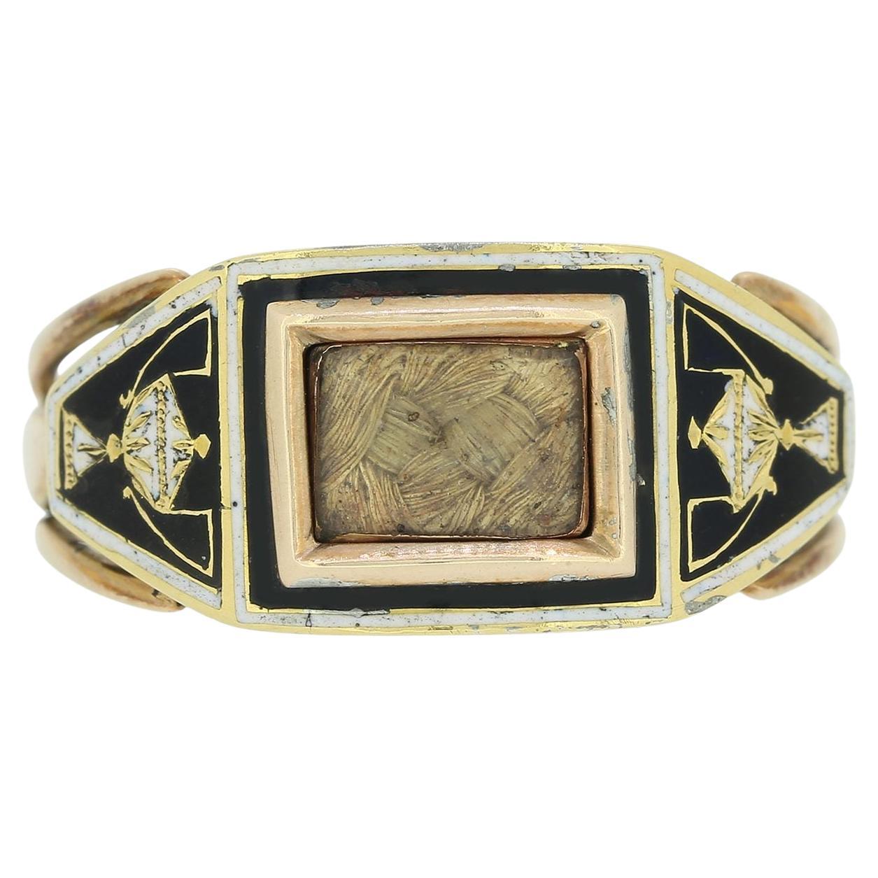 Early Victorian Hair Locket Black Enamel Mourning Ring For Sale