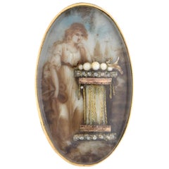 Frühviktorianische Mourning-Anstecknadel aus handbemalter Porzellan, Perle und Diamant