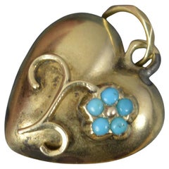 Early Victorian Heart Shape 9ct Gold Turquoise Forget Me Not Locket Pendant