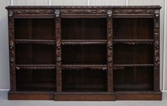 Early Victorian Jacobean Revival Breakfront Bookcase Original Leather Trimming