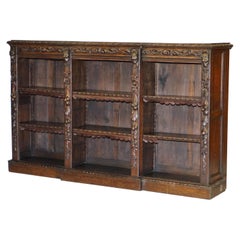 Early Victorian Jacobean Revival Breakfront Bookcase Original Leather Trimming