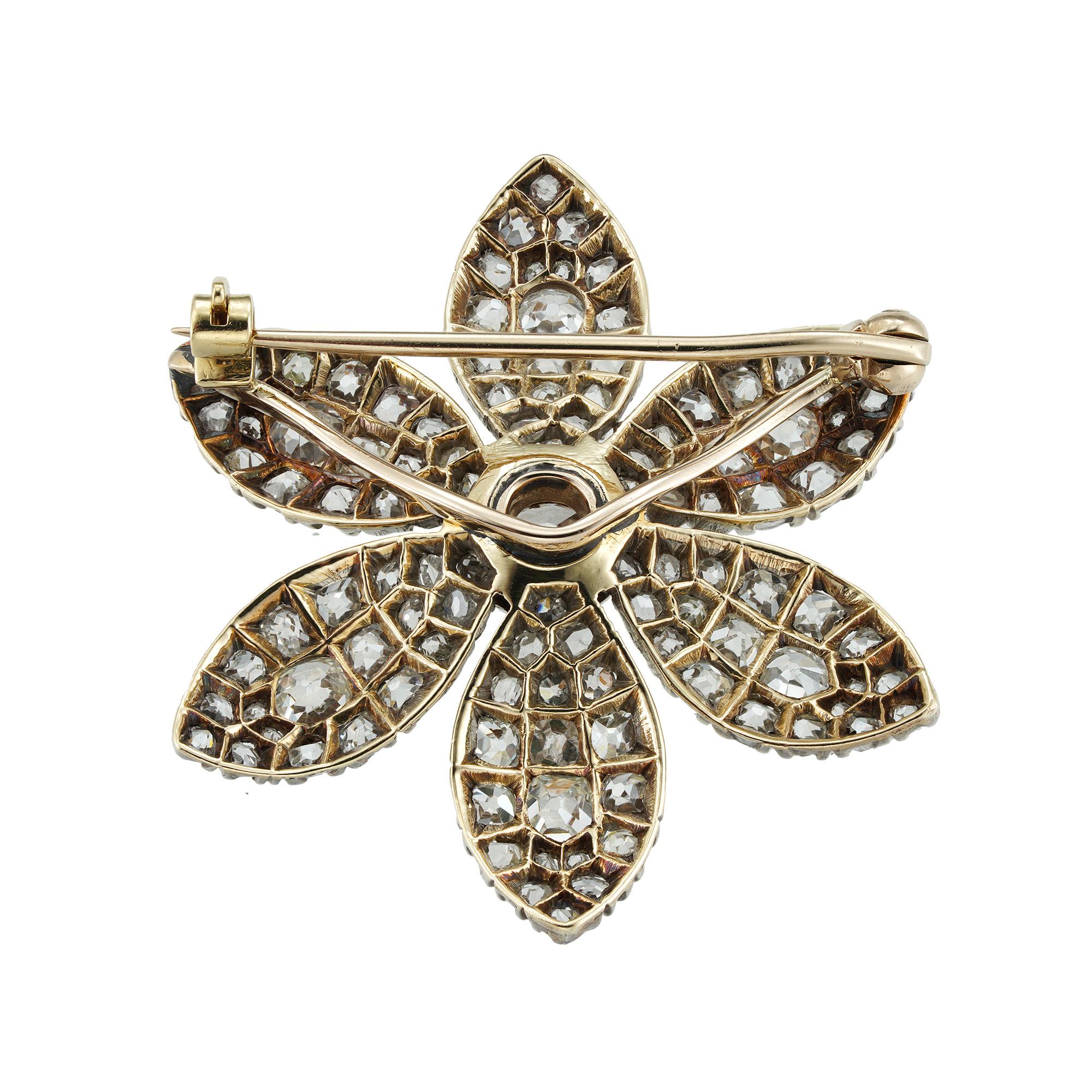 Brilliant Cut Early Victorian Jasmine Petal Diamond Brooch For Sale