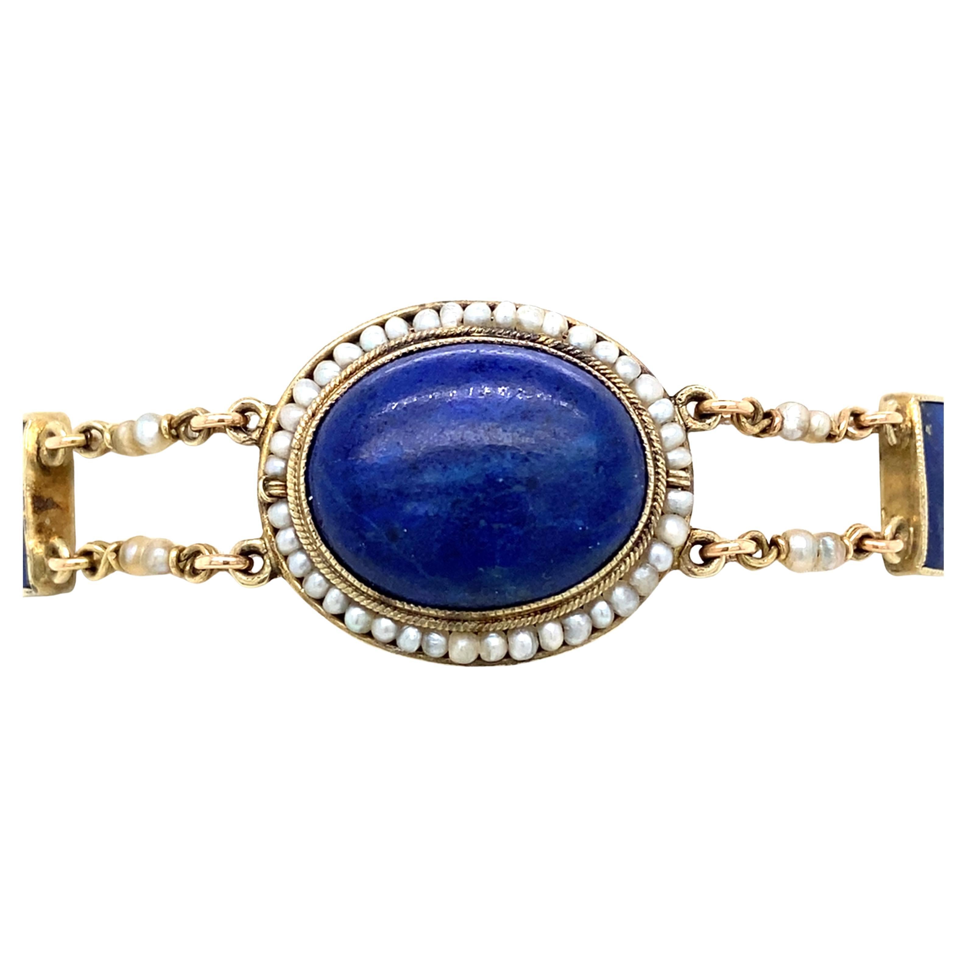 Early Victorian 14K Gold Lapis Lazuli Seed Pearl Bracelet, Circa 1840s