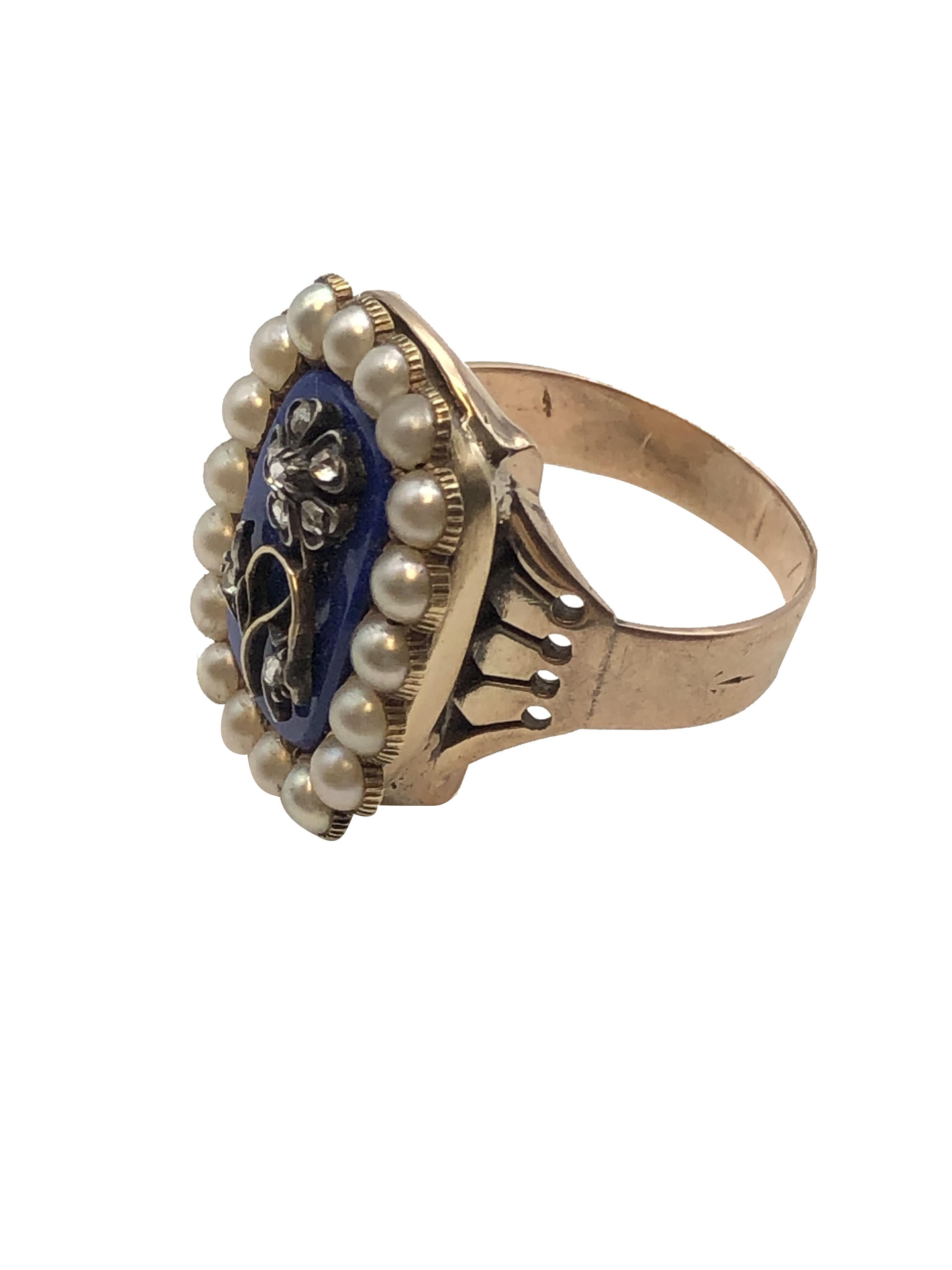 Rose Cut Early Victorian Large Gold Lapis Pearl and Diamond Ring