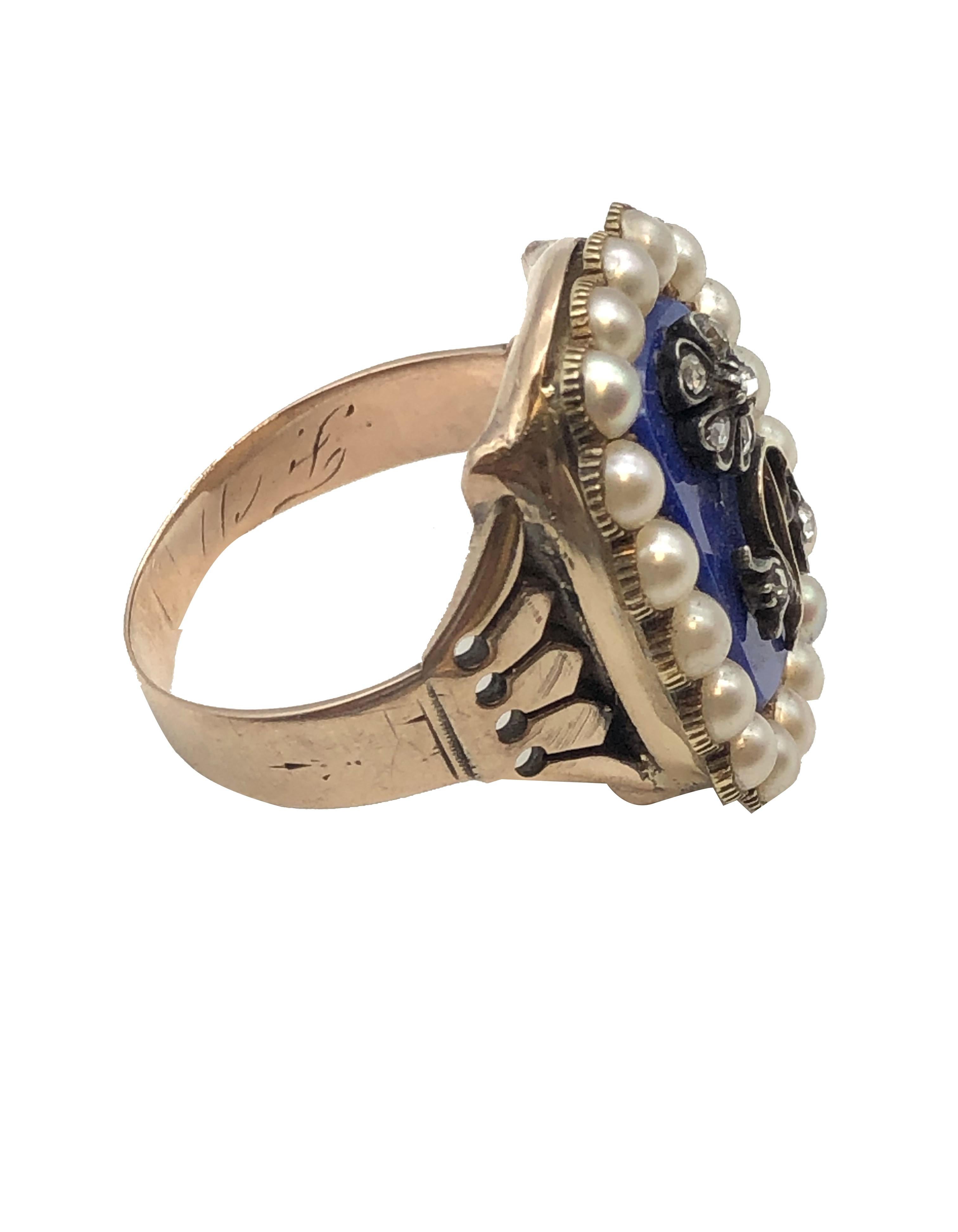 Early Victorian Large Gold Lapis Pearl and Diamond Ring In Excellent Condition In Chicago, IL