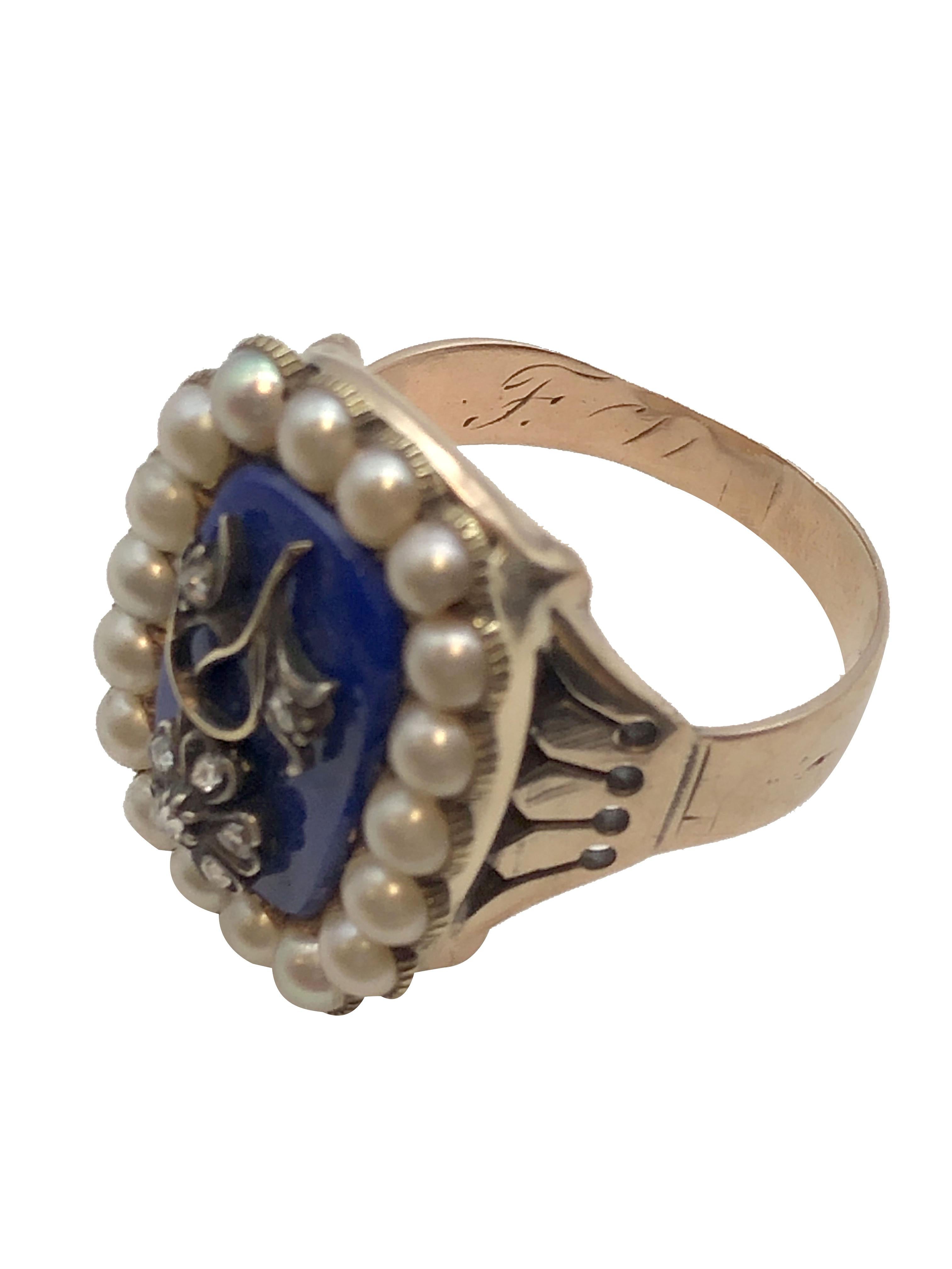 Early Victorian Large Gold Lapis Pearl and Diamond Ring 1