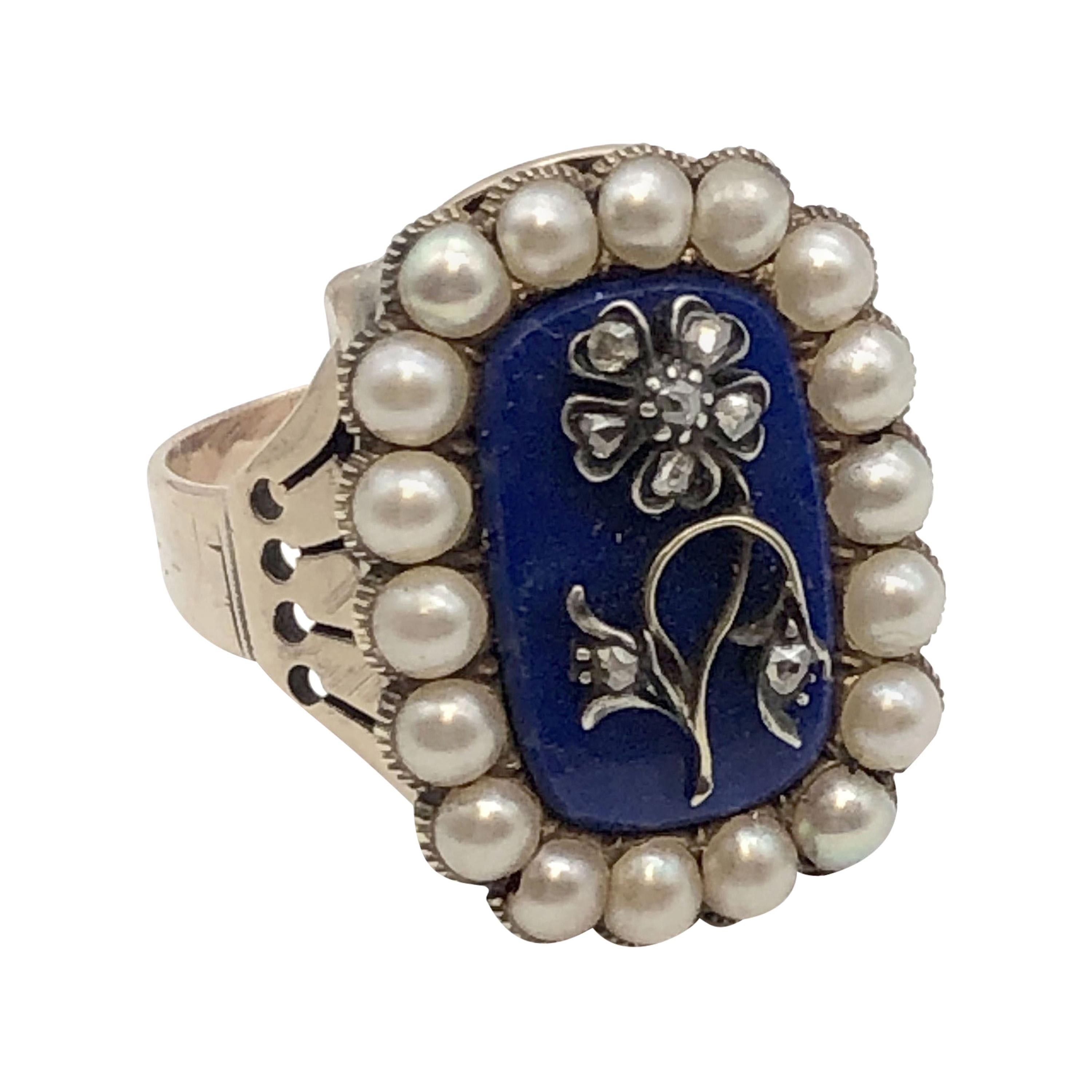 Early Victorian Large Gold Lapis Pearl and Diamond Ring