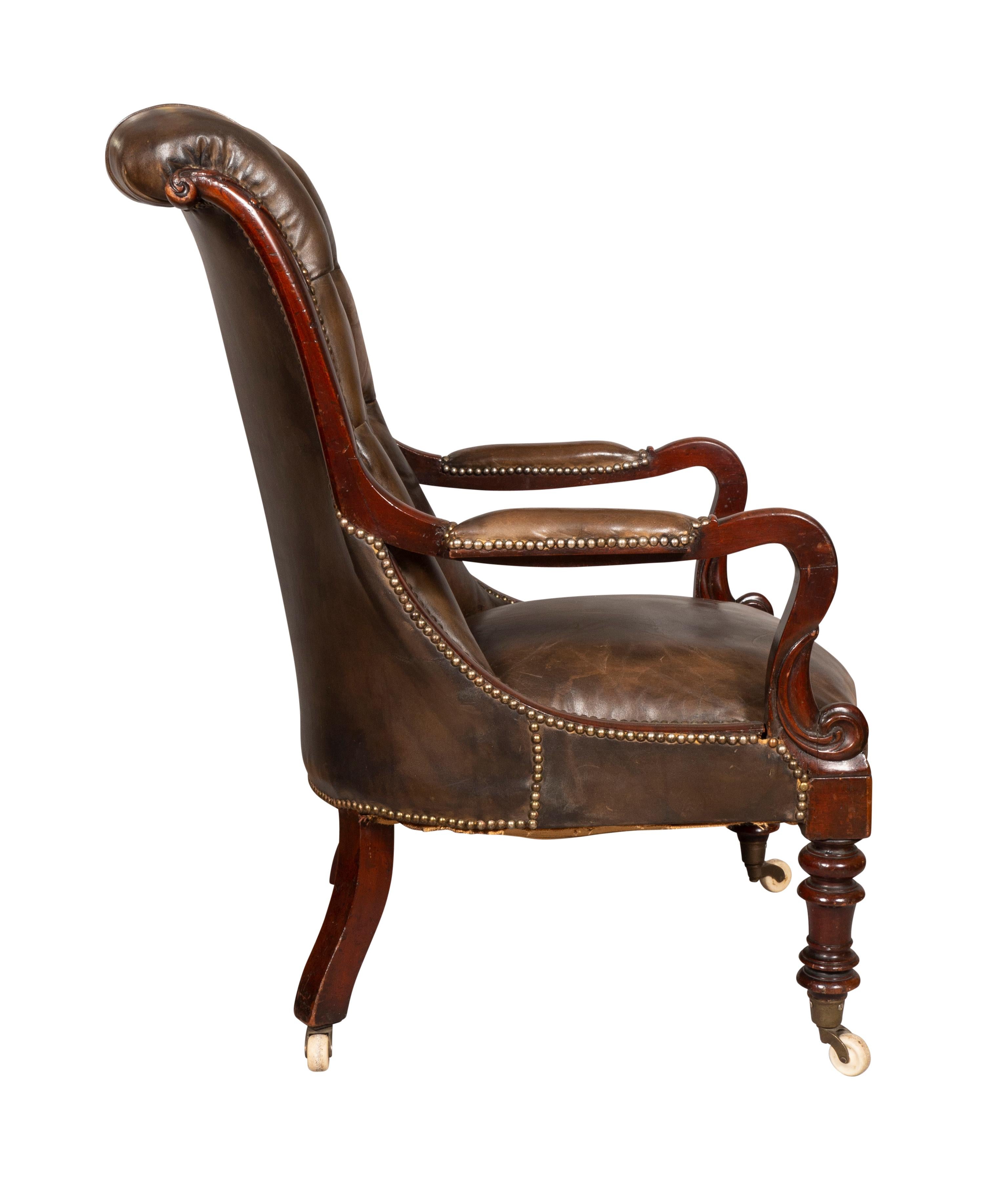 Early Victorian Mahogany And Leather Armchair In Good Condition In Essex, MA