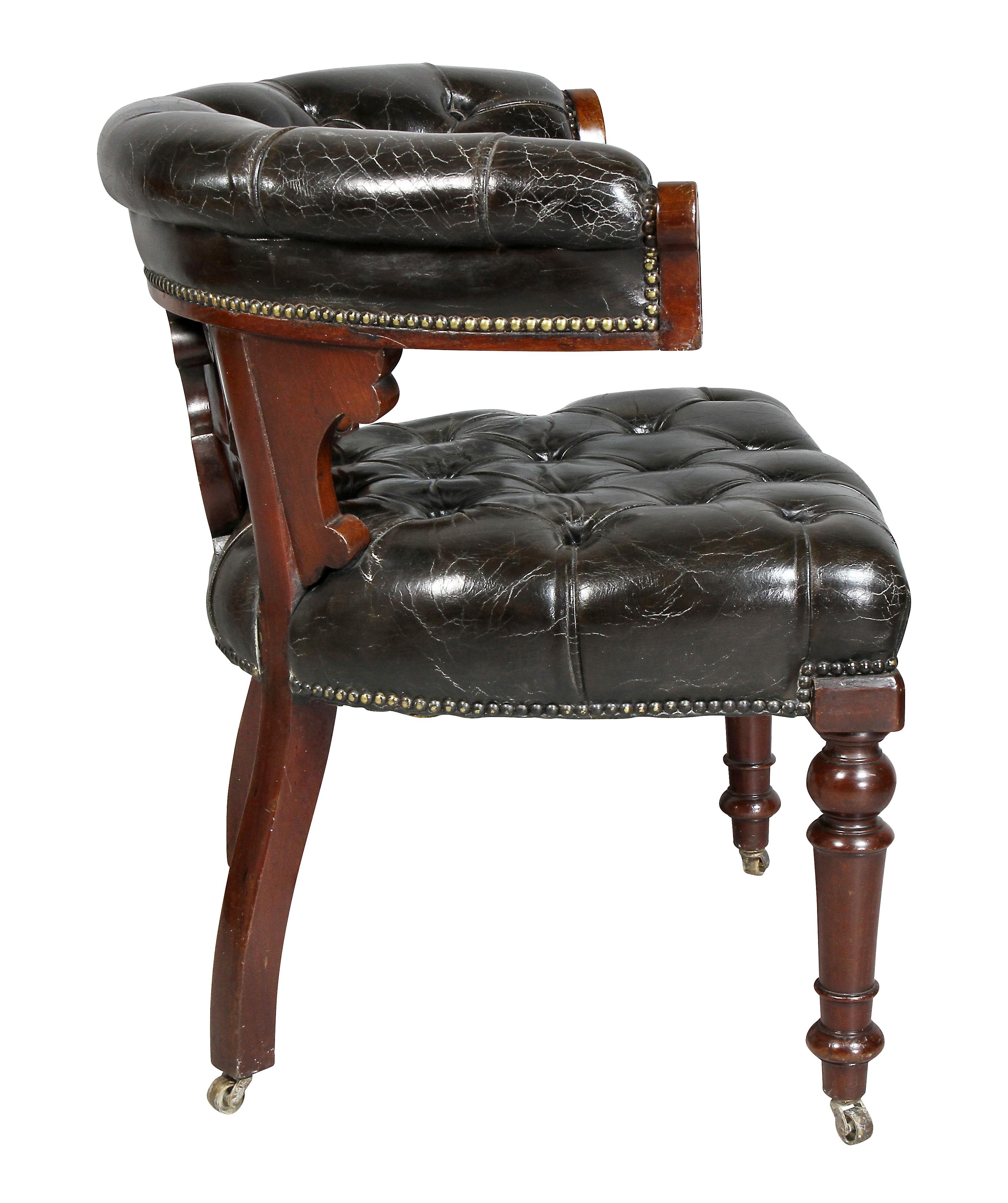 Early Victorian Mahogany and Tufted Leather Desk Chair In Good Condition In Essex, MA