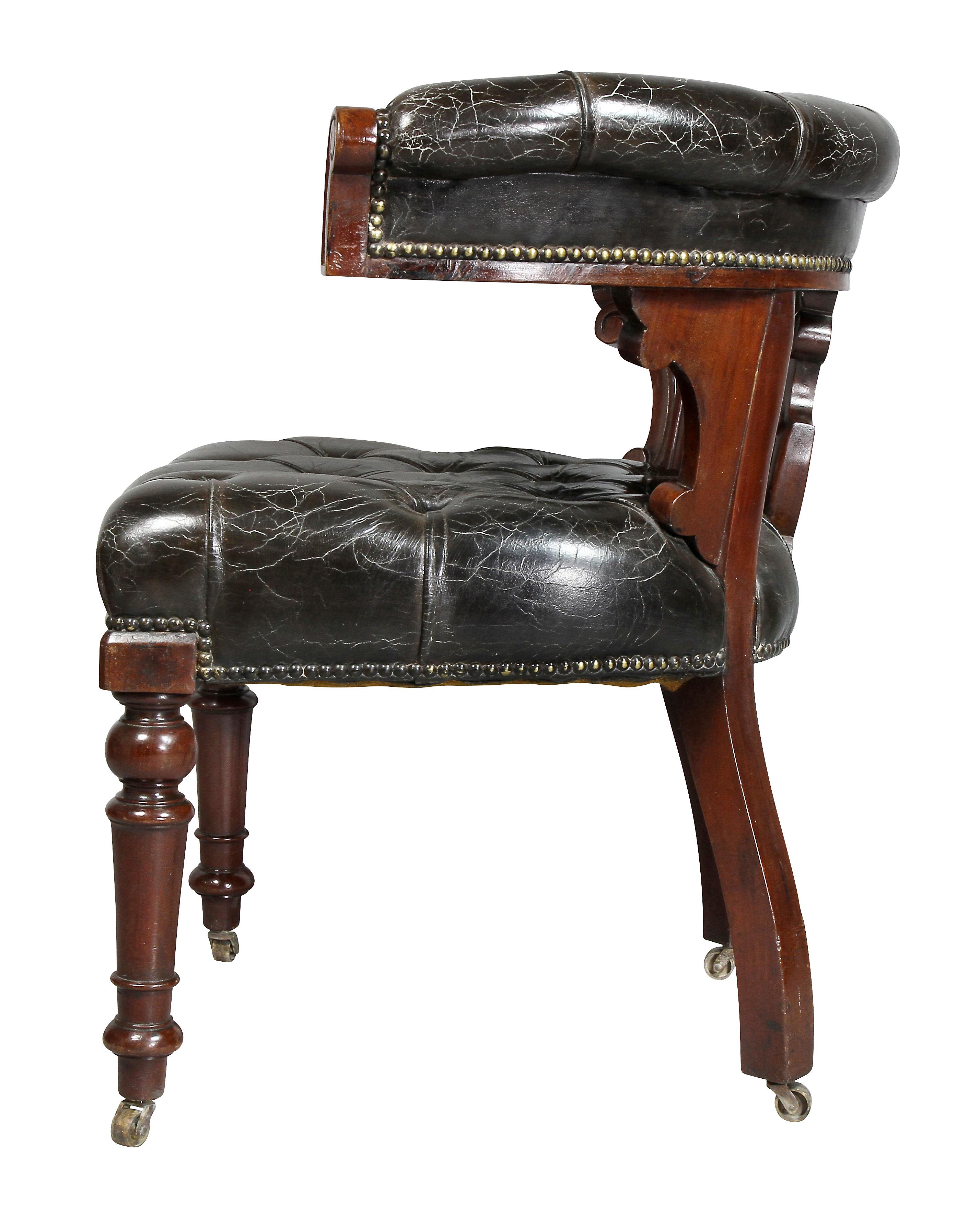 Mid-19th Century Early Victorian Mahogany and Tufted Leather Desk Chair