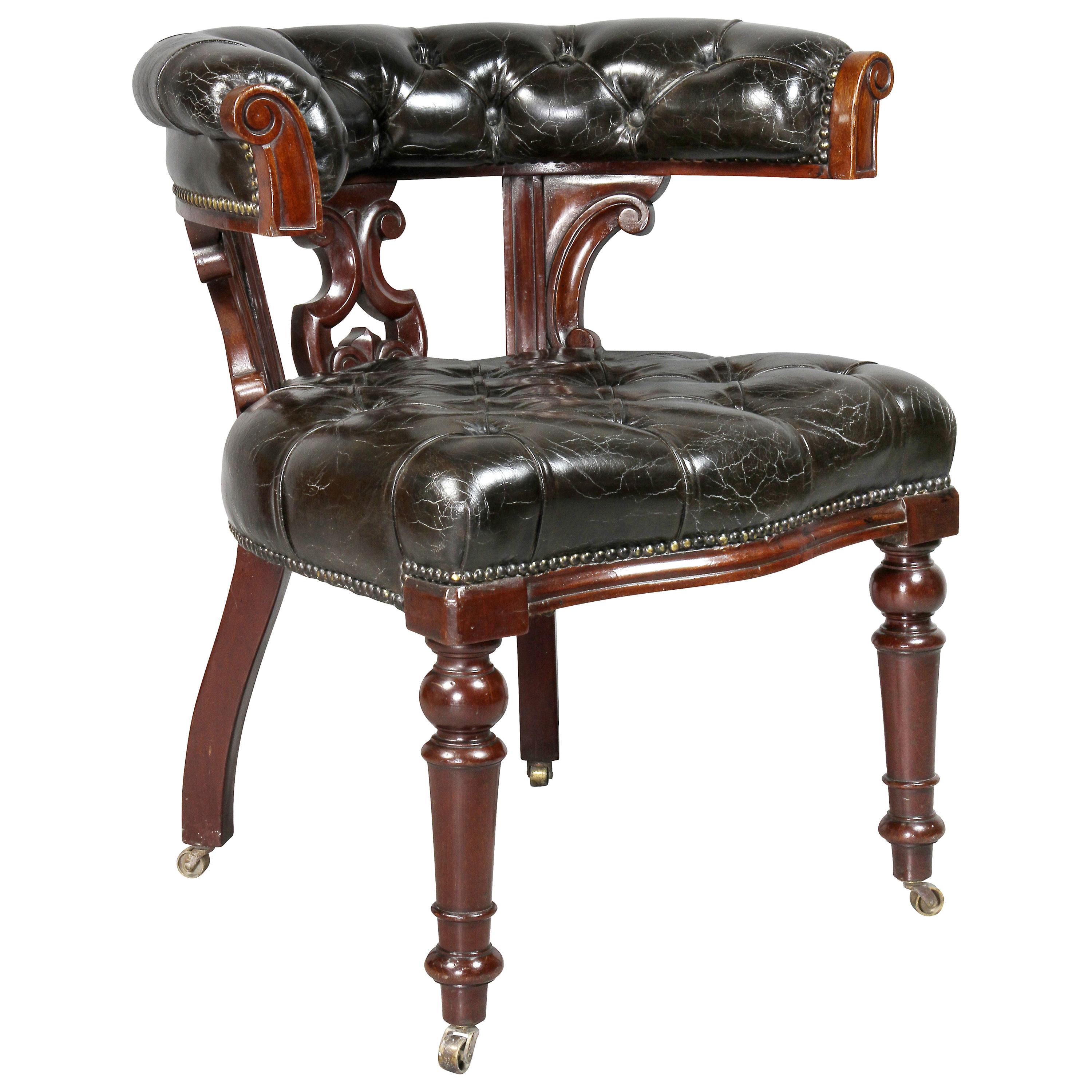 Early Victorian Mahogany and Tufted Leather Desk Chair