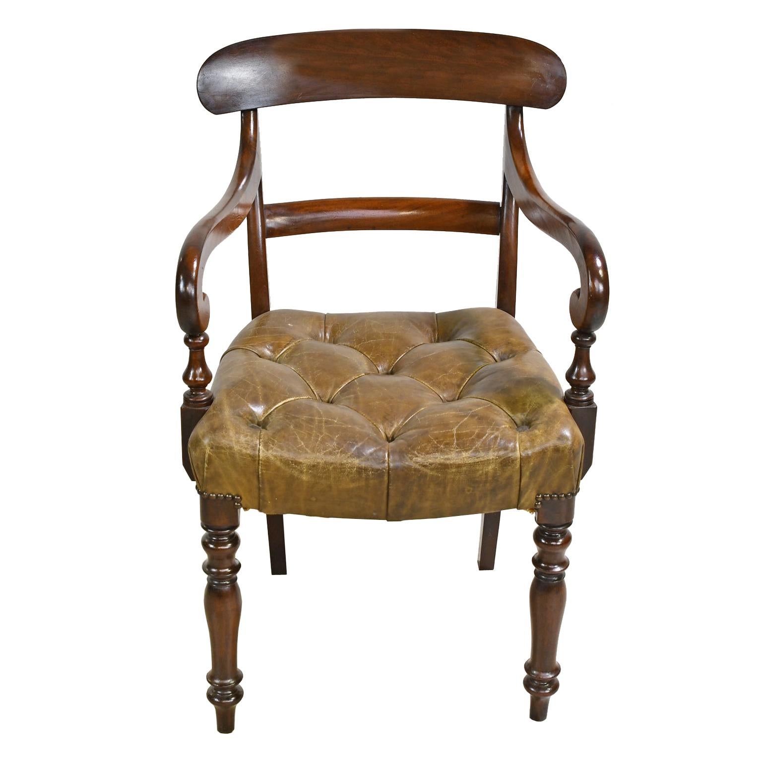 Early Victorian Mahogany Armchair with Tufted Leather Upholstery, England