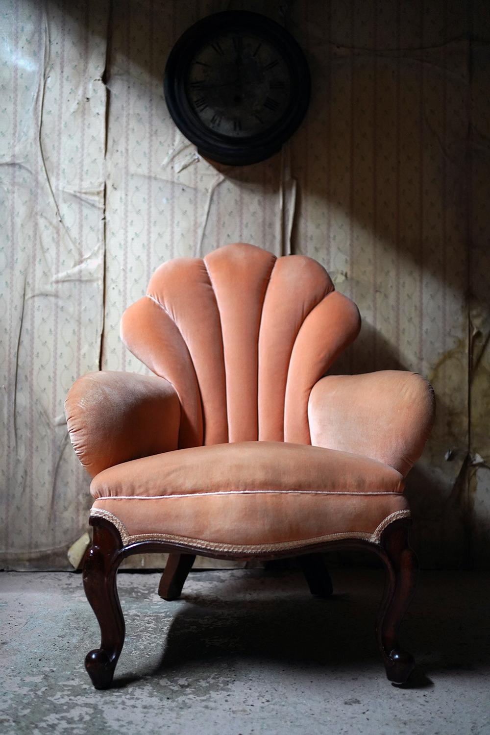 Early Victorian Mahogany & Peach Velvet Upholstered Shell Backed Chair c.1840 7