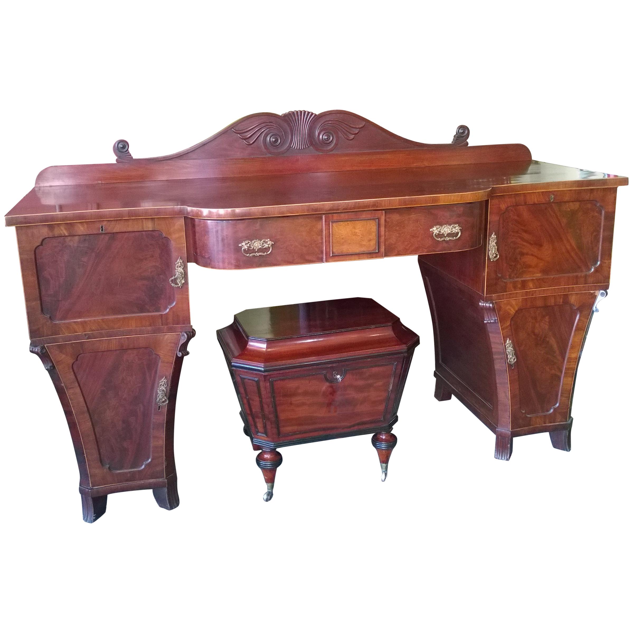 Early Victorian Mahogany Pedestal Breakfront Sideboard For Sale