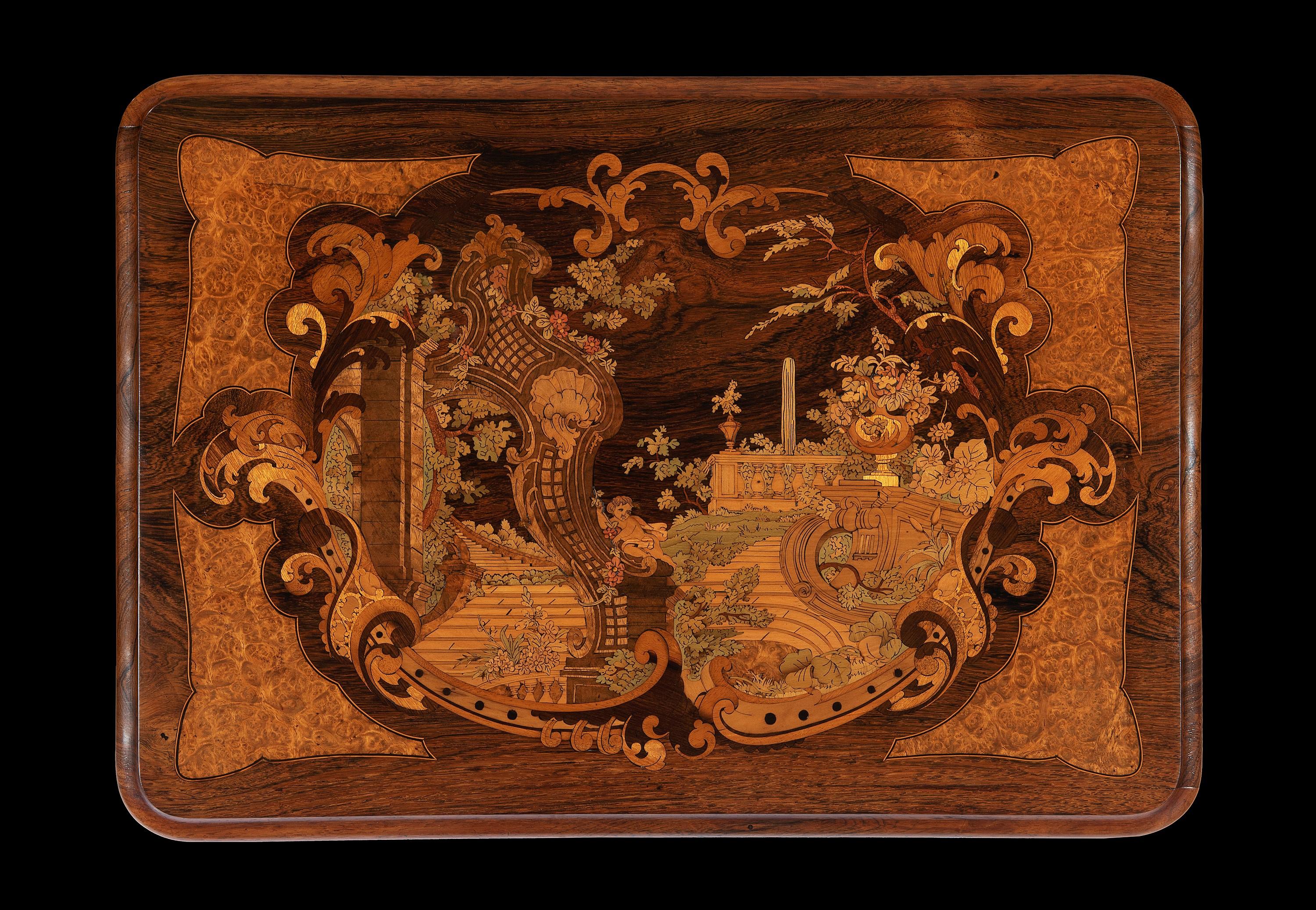 The intricate inlays depicting a cherub within a mansions formal gardens
Measures: 26