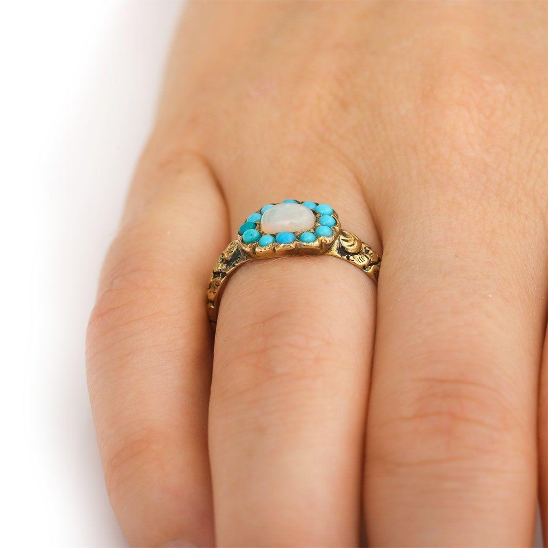 Early Victorian Opal and Turquoise Plaque Ring, circa 1840 5