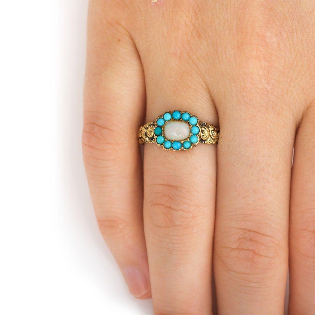 Early Victorian Opal and Turquoise Plaque Ring, circa 1840 7