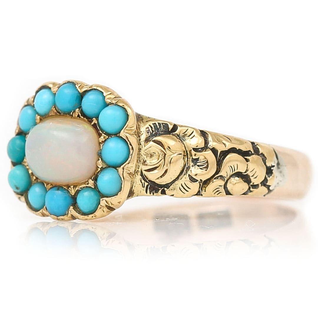 Cabochon Early Victorian Opal and Turquoise Plaque Ring, circa 1840