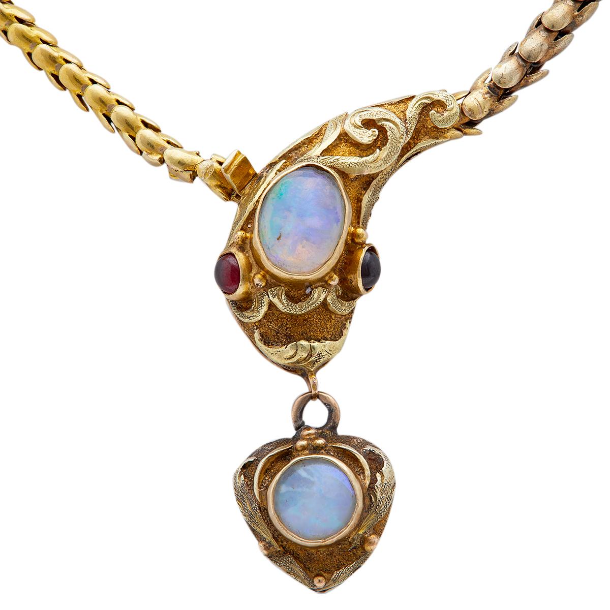Women's or Men's Early Victorian Opal Garnet 14k Yellow Gold Snake Necklace