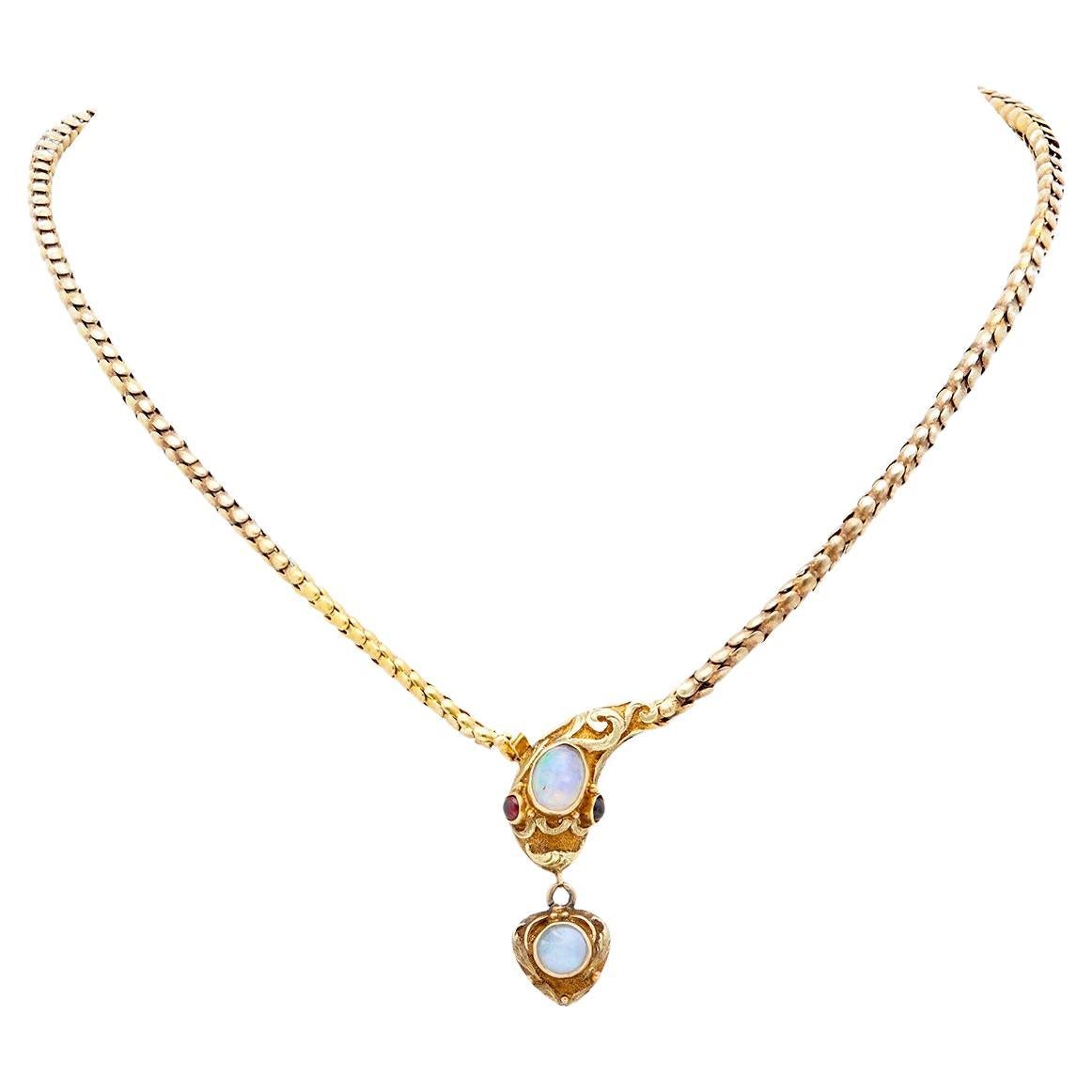 Early Victorian Opal Garnet 14k Yellow Gold Snake Necklace