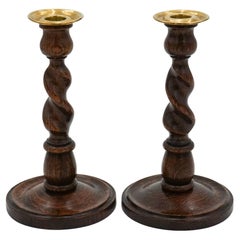 EARLY ViCTORIAN PAIR OF ENGLISH OAK BARLEY TWIST CANDLE STICKS