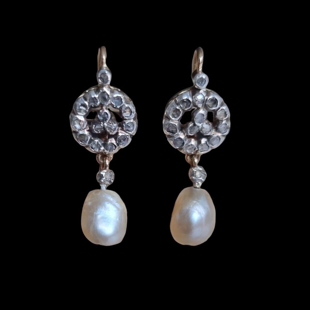 Early Victorian Pair of Natural Saltwater Pearl and Rose Cut Diamond Earrings For Sale 2