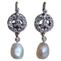 Early Victorian Pair of Natural Saltwater Pearl and Rose Cut Diamond Earrings