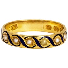 Frühviktorianisches Perlen- und blaues Emaille-Band aus 18 Karat Gold