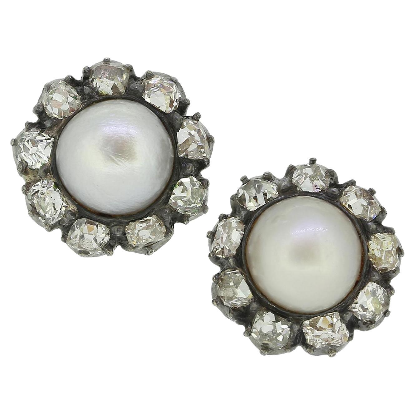 Early Victorian Pearl and Diamond Cluster Earrings