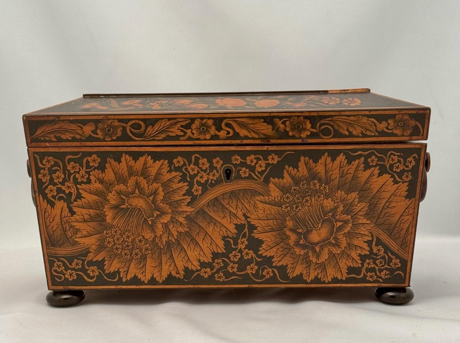 Esta caja para el té tiene forma de sarcófago, es oblonga y tiene una tapa elevada con paneles, pintada con frutas y flores otoñales. El exterior está brillantemente decorado a pluma con flores estilizadas, y el conjunto se eleva sobre pies de