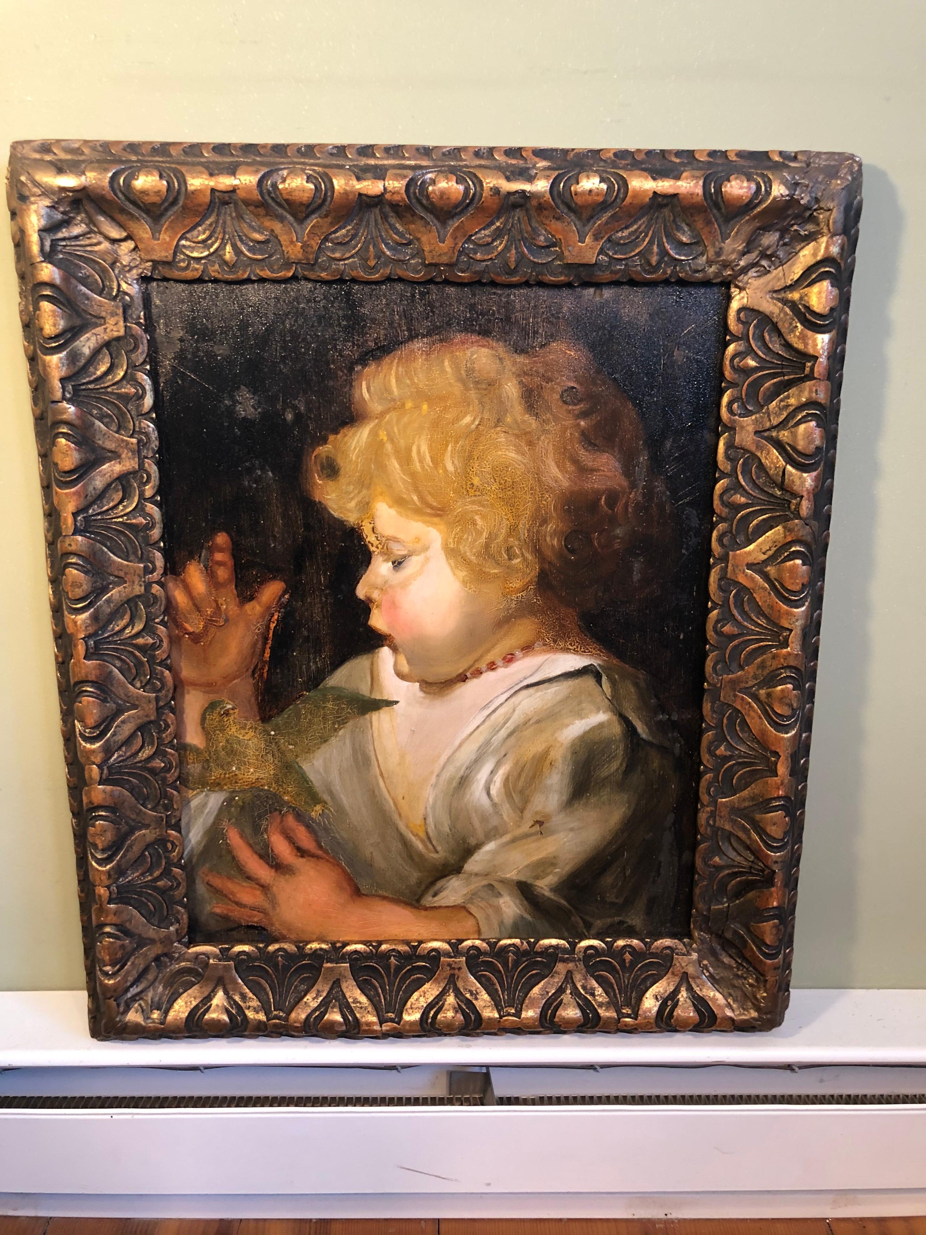 Hand-Carved Early Victorian Portrait of a Child with Bird