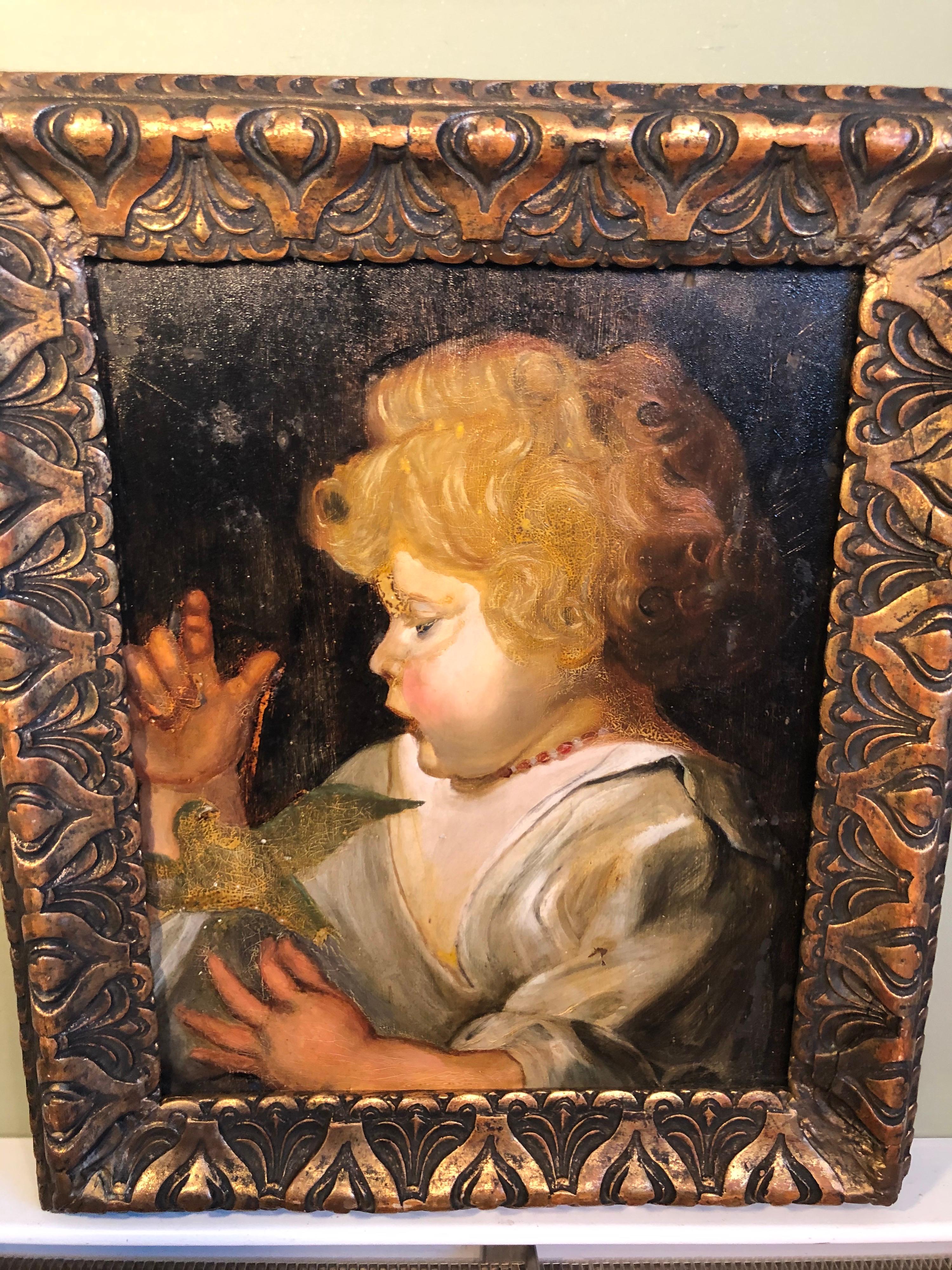 Early Victorian Portrait of a Child with Bird In Good Condition In Redding, CT