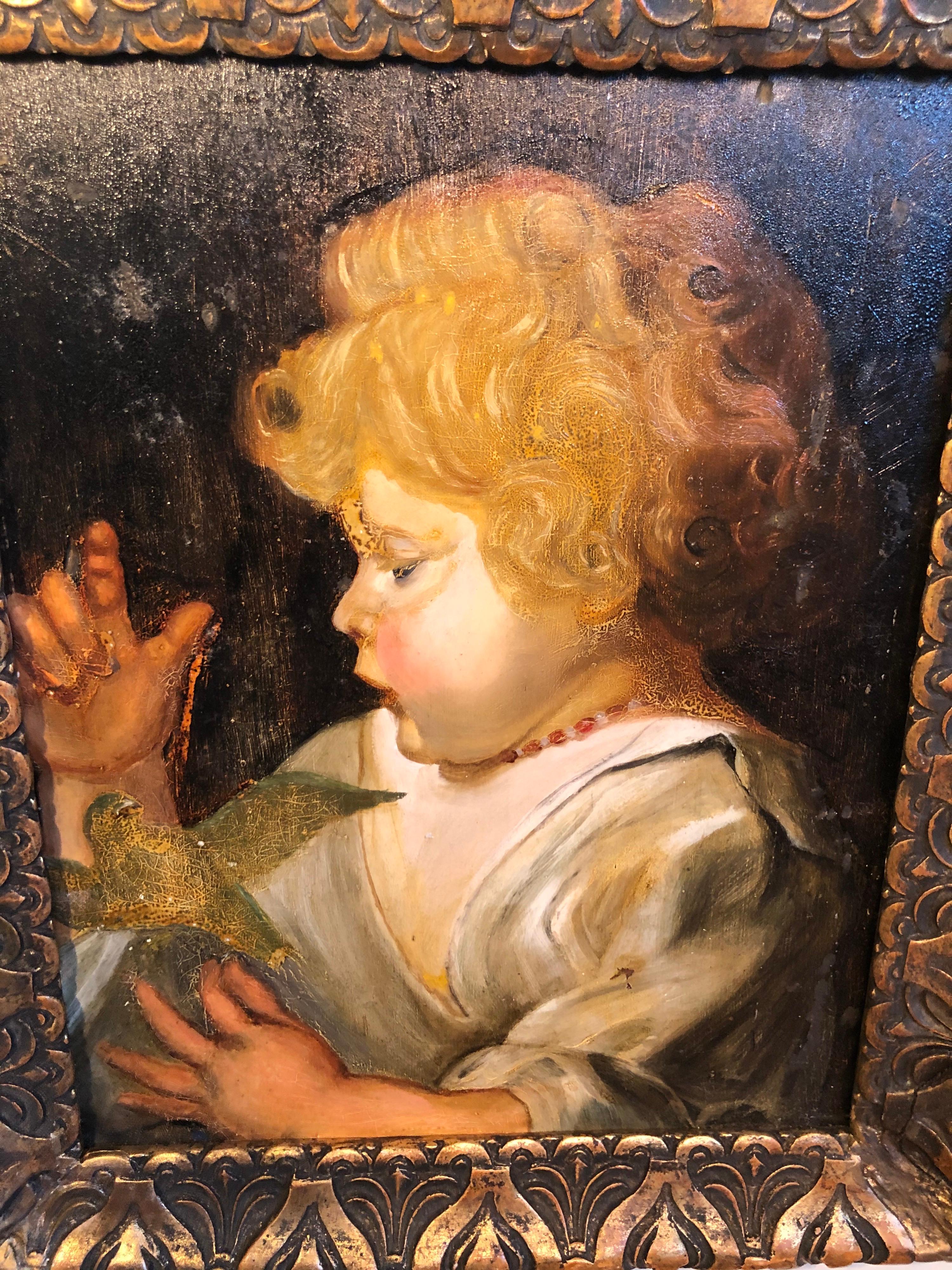 Gesso Early Victorian Portrait of a Child with Bird