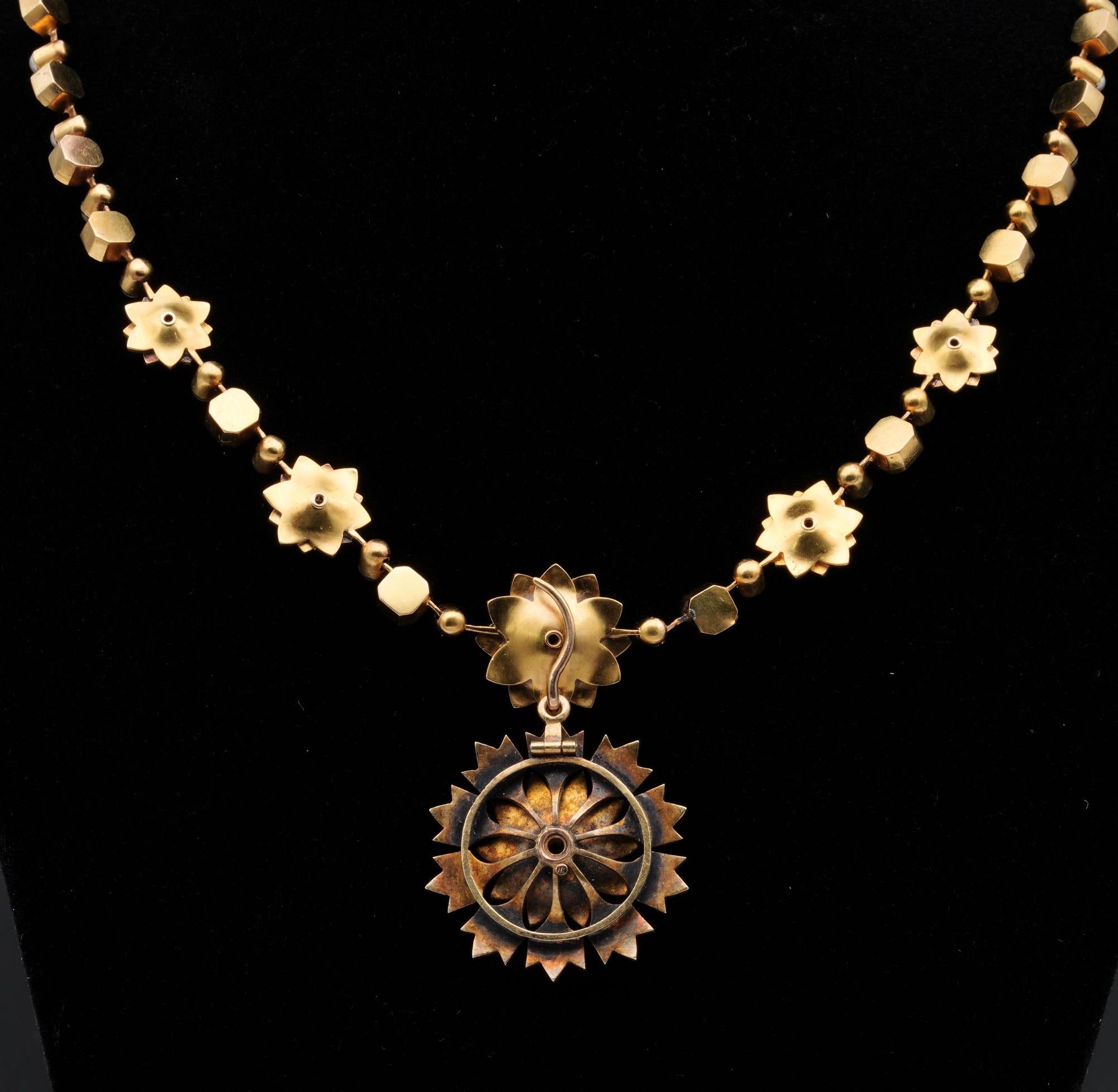 Early Victorian Rare 18 KT Split Pearl Necklace and Brooch Pendant Demi Parure For Sale 3