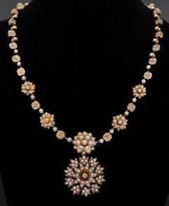 Early Victorian Rare 18 KT Split Pearl Necklace and Brooch Pendant Demi Parure