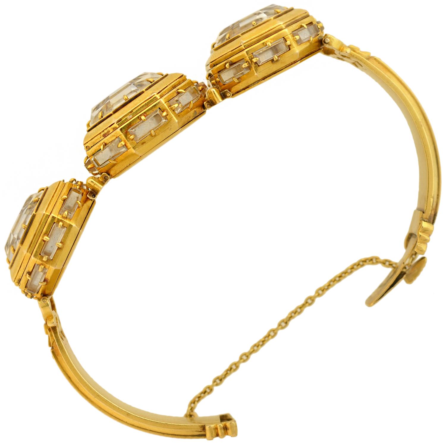 Women's Early Victorian Rare Rock Crystal Three-Locket Gold Bracelet