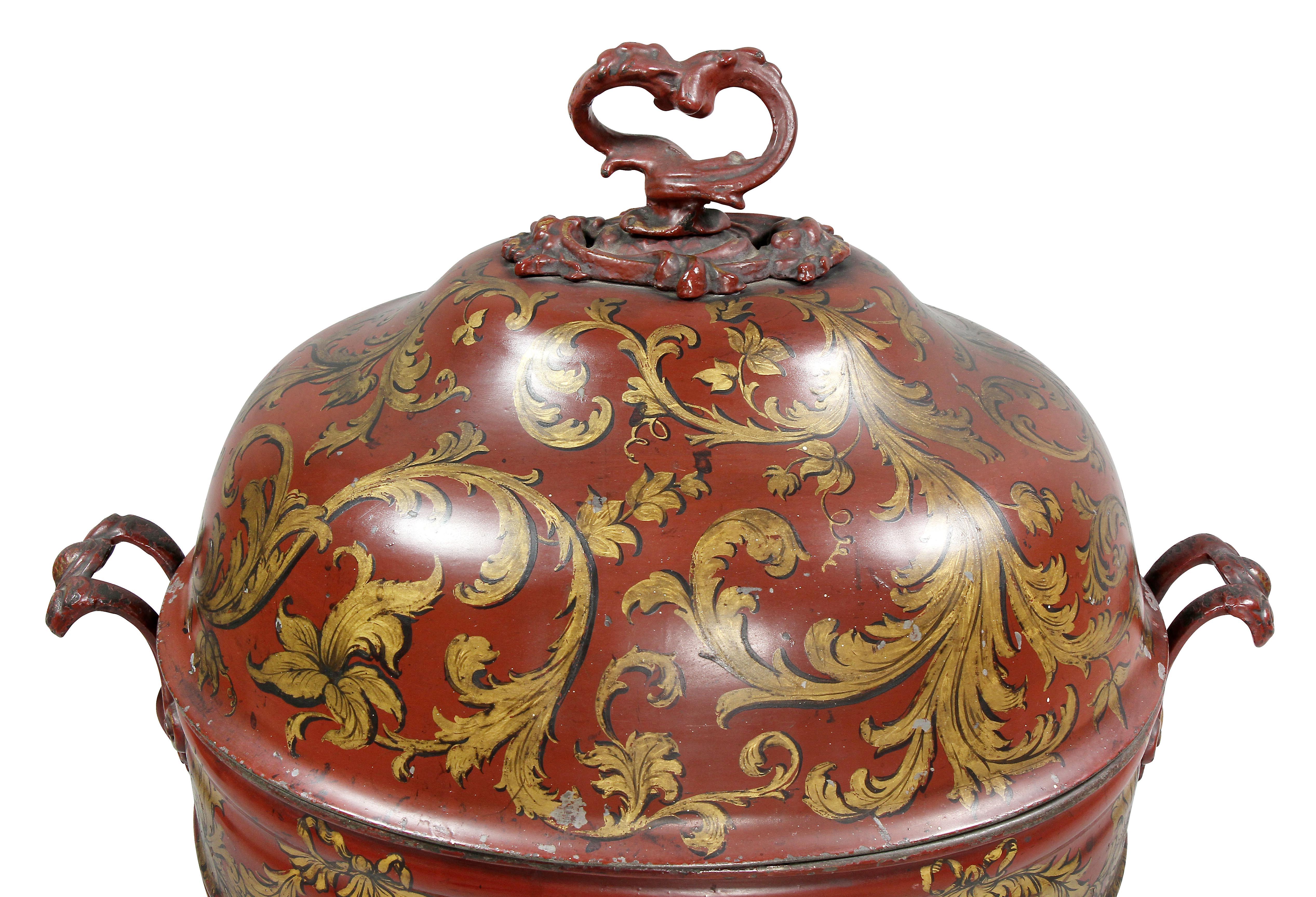 English Early Victorian Red Tole Ware Coal Scuttle