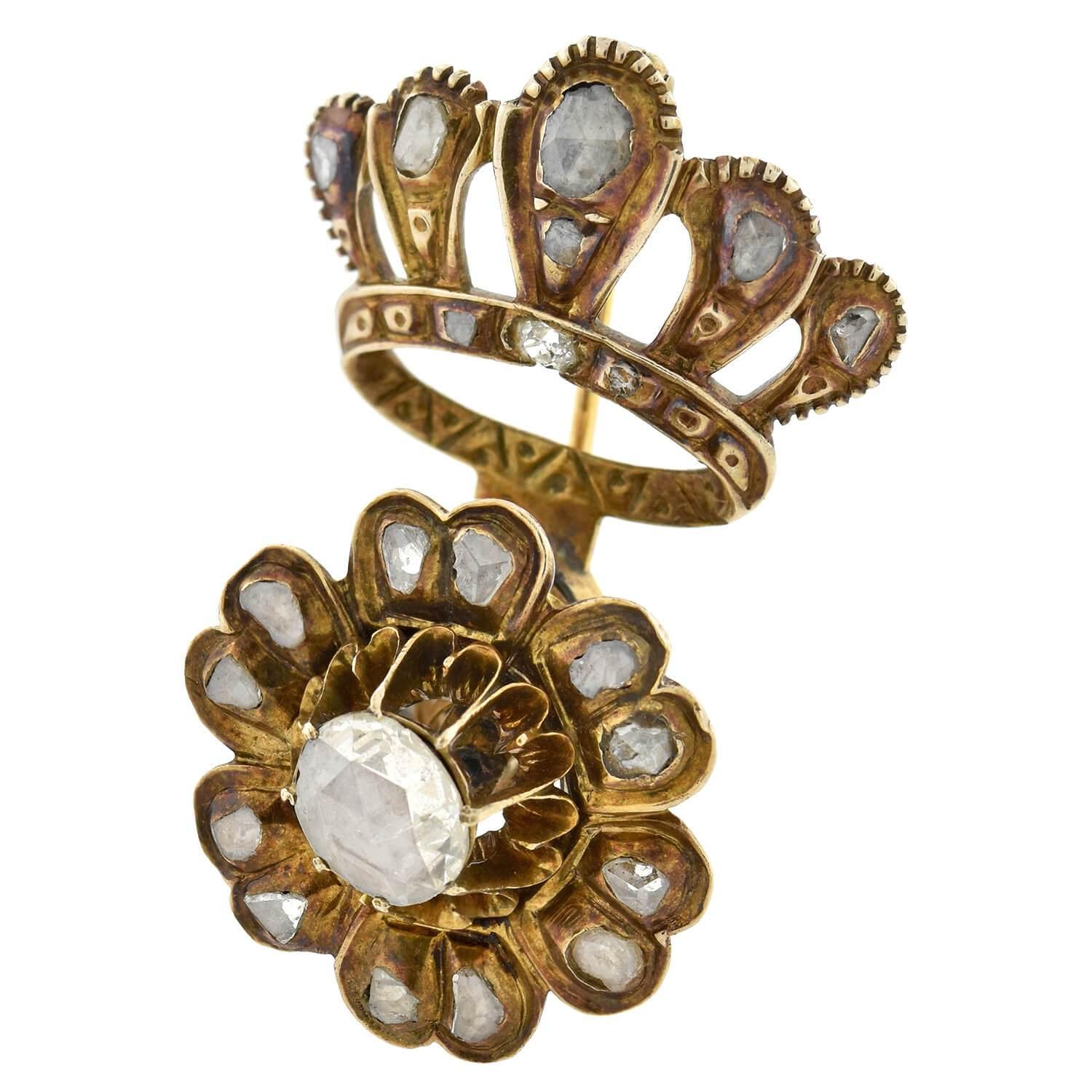 Frühviktorianische Anstecknadel mit Rosenschliff-Diamantkrone und Blumen-Tremblé Damen im Angebot