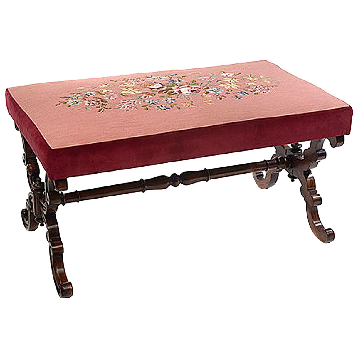 Early Victorian Rosewood & Tapestry Covered Rectangular Stool For Sale