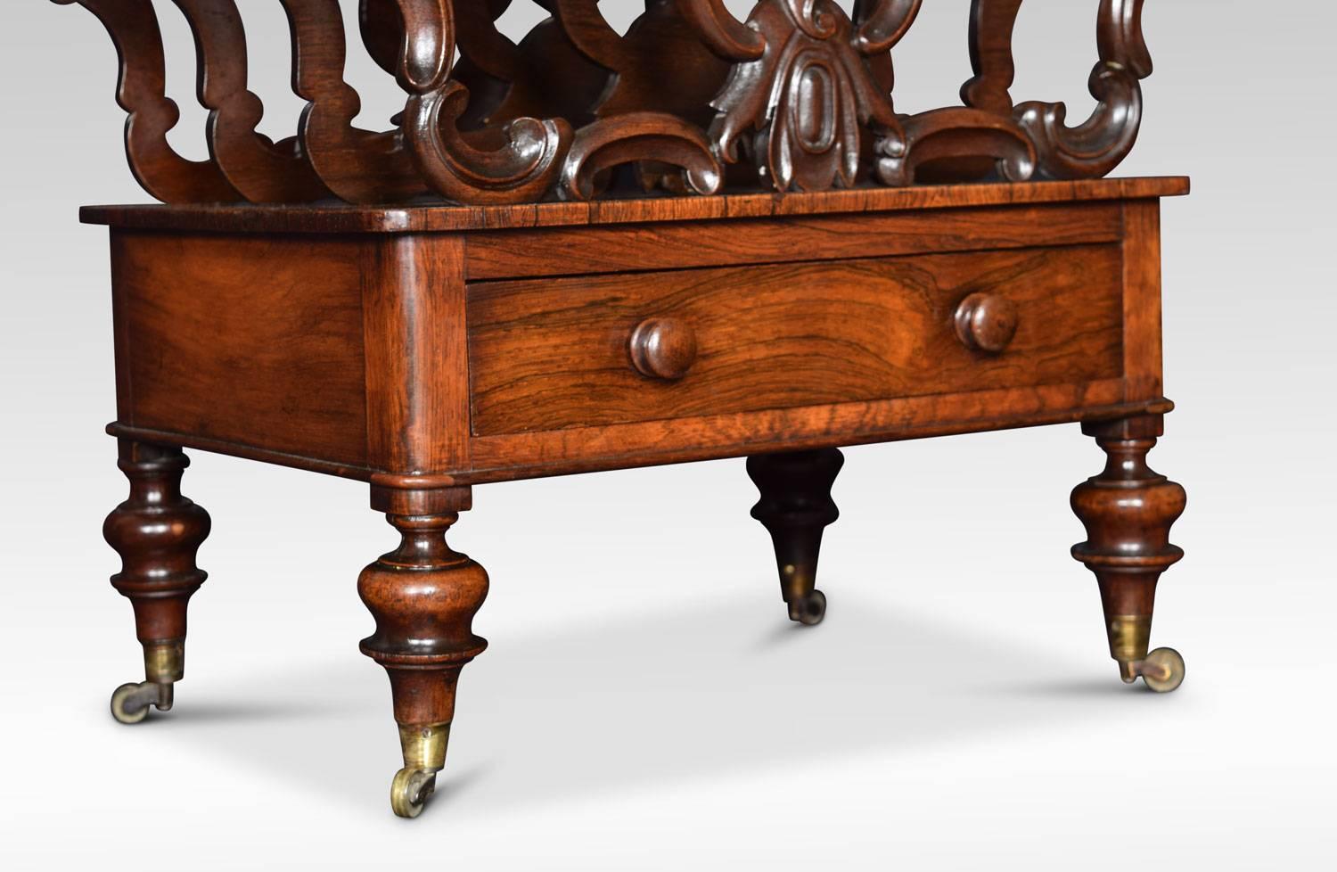 Early Victorian Canterbury, having three divisions with ‘C’ scroll and foliate uprights. Above a single drawer with turned handles. All raised up on four turned legs with brass caps and castors
Dimensions:
Height 21 inches
Width 21.5 inches
Depth 15