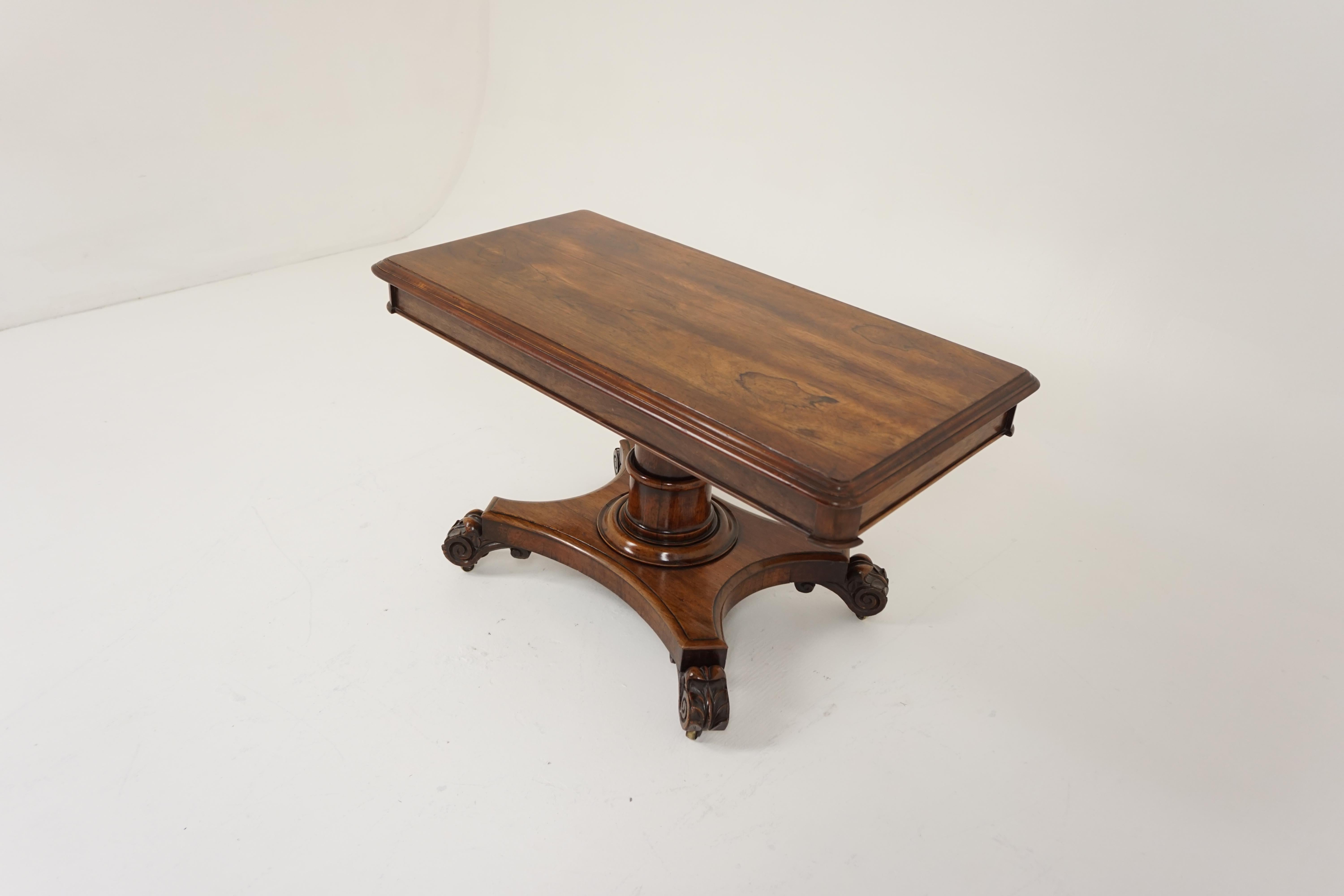 Early Victorian rosewood reduced coffee table, Scotland, 1840, B2054

Scotland 1840
SOlid rosewood with veneers
Original finish
Rectangular top with molded edge
Circular rosewood column underneath
Sitting on a platform that ends on four