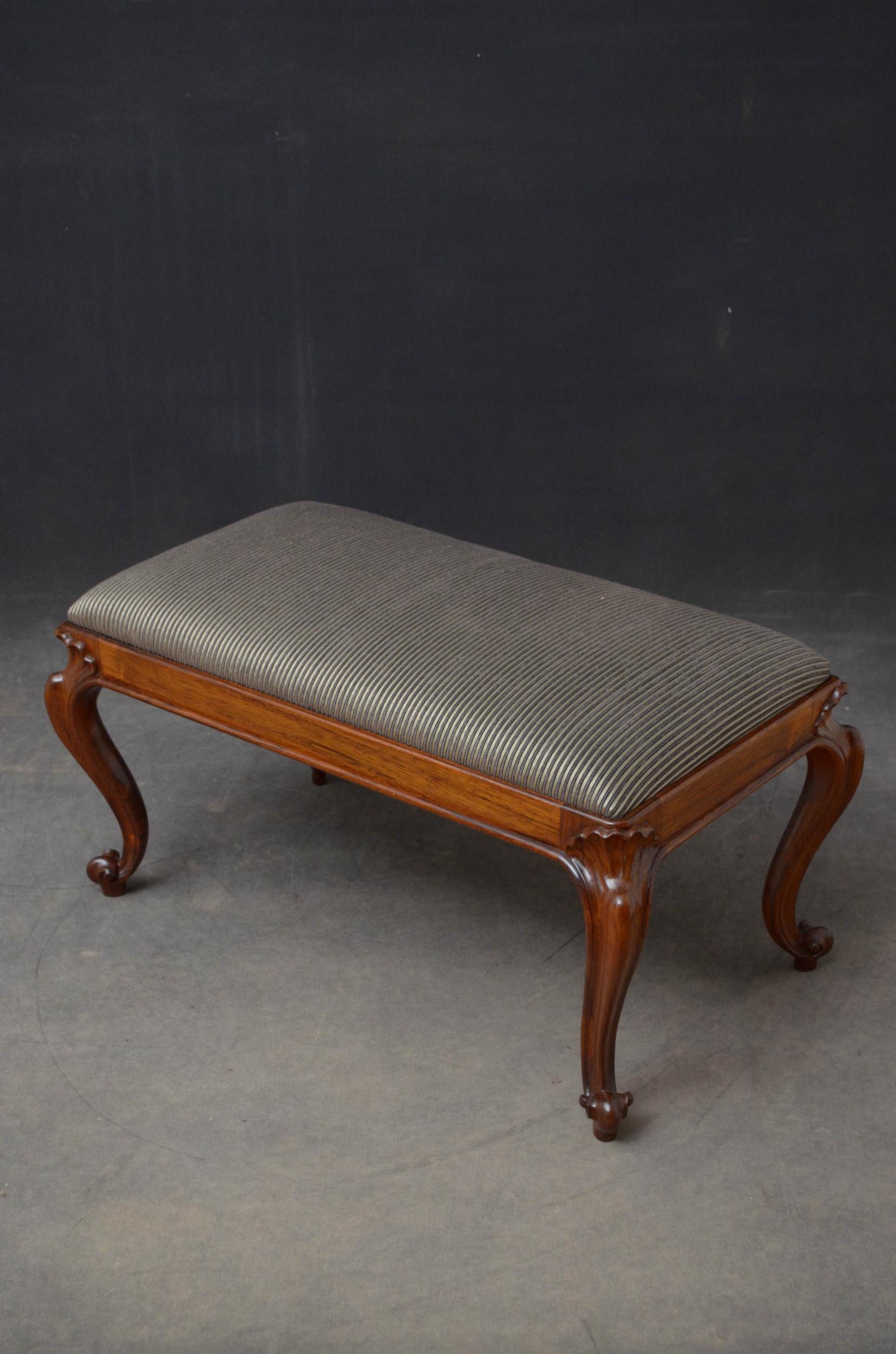 Sn4905, superb quality rosewood stool, having a drop in seat recovered in a contemporary fabric and moulded frieze, standing on finely carved cabriole legs with knurled feet. This antique stool has been sympathetically restored and is ready to place