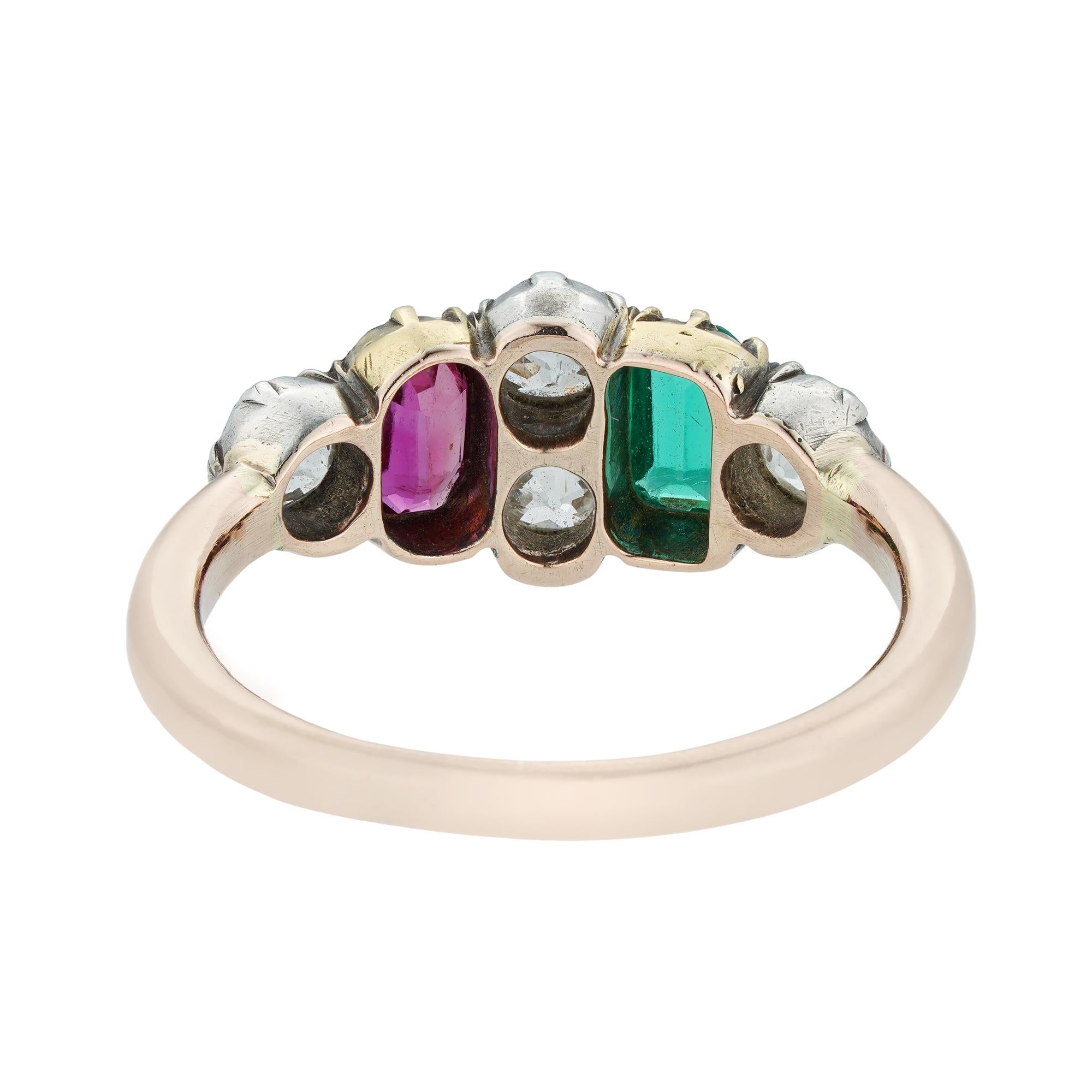 Emerald Cut Early Victorian Ruby, Emerald and Diamond Ring For Sale
